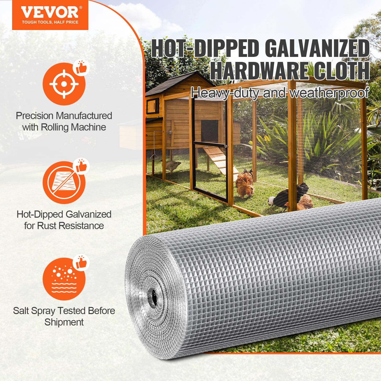 VEVOR Grillage métallique soudé, 915mm x 30,48m, rouleau treillis métallique galvanisé à chaud maillage 6,35 x 6,35 mm, clôture en fil de poule calibre 23 pour cages à lapins, jardin, petits rongeurs