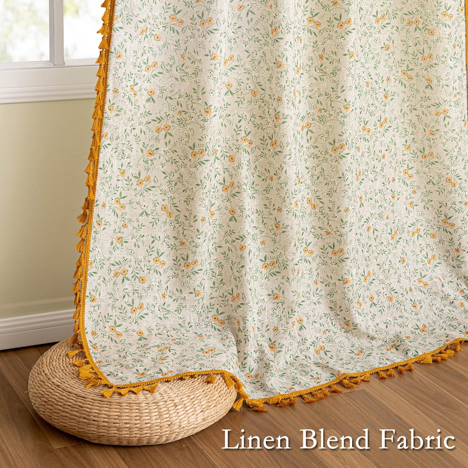 MYSKY HOME Floral Boho Linen Curtains 84 Inch Long 2 Panels Set with Yellow Tassels Farmhouse Vintage Semi Sheer Bohemian Living Room Bedroom Window Curtains Rustic Country Back Tab, 50"W, Green Leaf