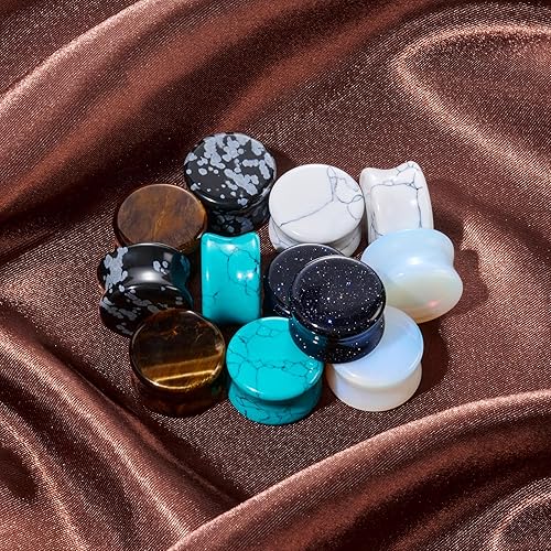 Miniatura 5 de Qmcandy - Juego de 6 pares 16 pares de tapones para las orejas de piedra natural, tapones de silla, calibres para las orejas, expansores, calibre