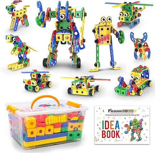 PicassoTiles STEM - Juguetes de aprendizaje de 201 piezas de bloques de construcción para niños, kit de ingeniería de construcción, bloques de