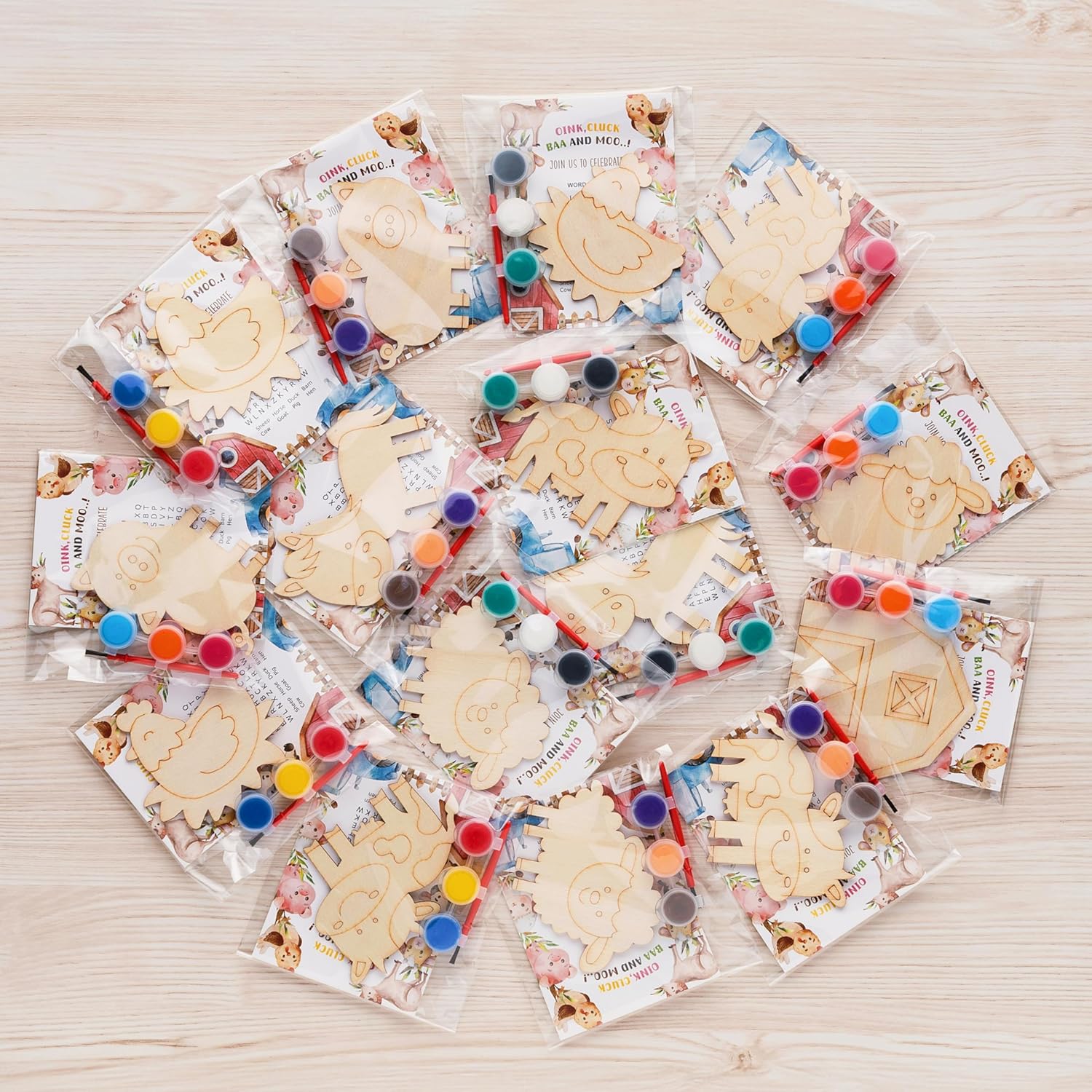 GEECOZYLIFE Farm Party Favors - 24 PCS Farm Animals with Art Supplies - Farm Barnyard Wooden Painting Kit - Thank You for Coming Gift - Kids Birthday Boys Girls Gifts Bulk