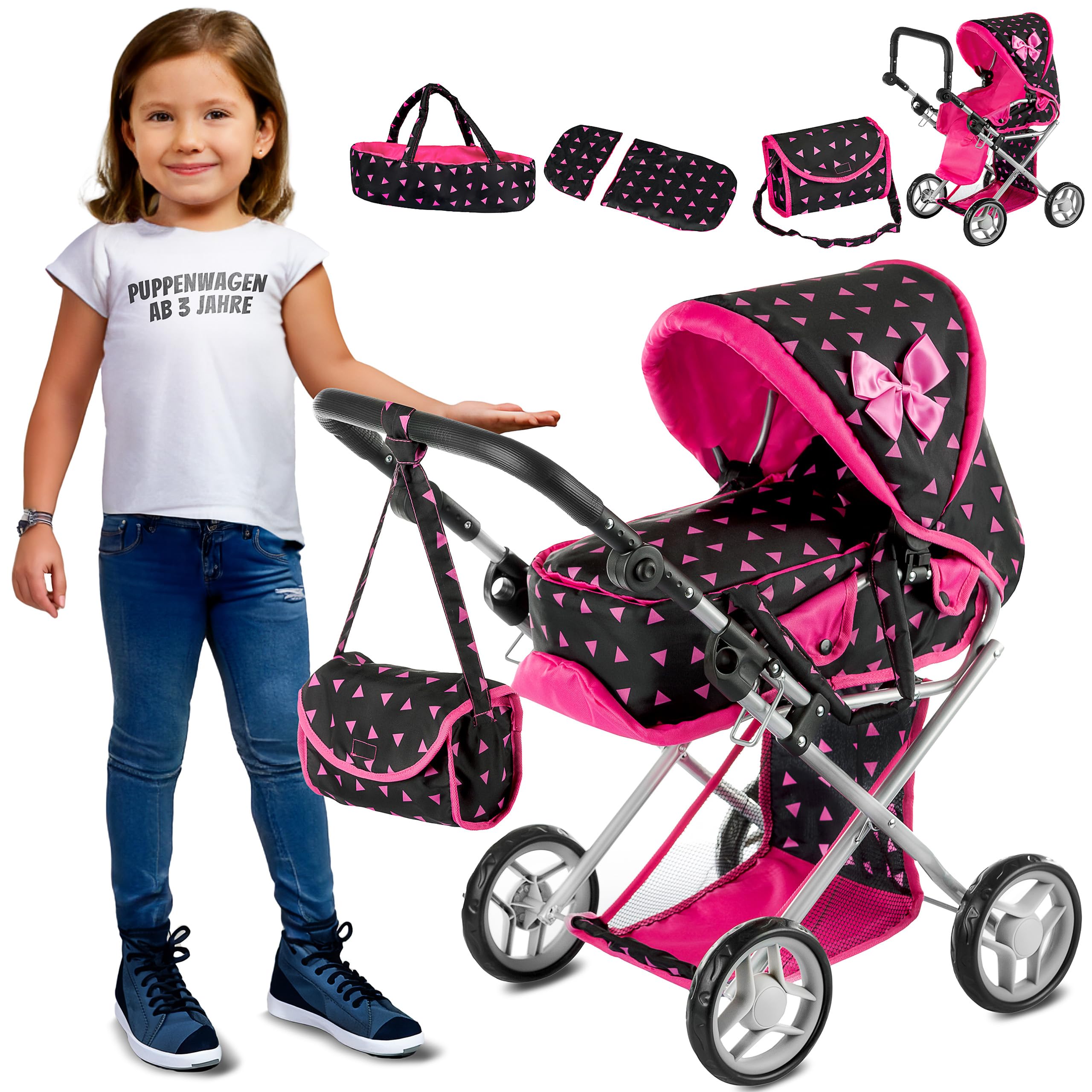 Kinderplay Puppenwagen ab 1 2 3 Jahre Kinderwagen Spielzeug - 3 in 1, Puppenwagen mit Herausnehmbarer Tragetasche und Umhängetasche, Höhenverstellbar 36.5 cm bis 64 cm, KP0200R