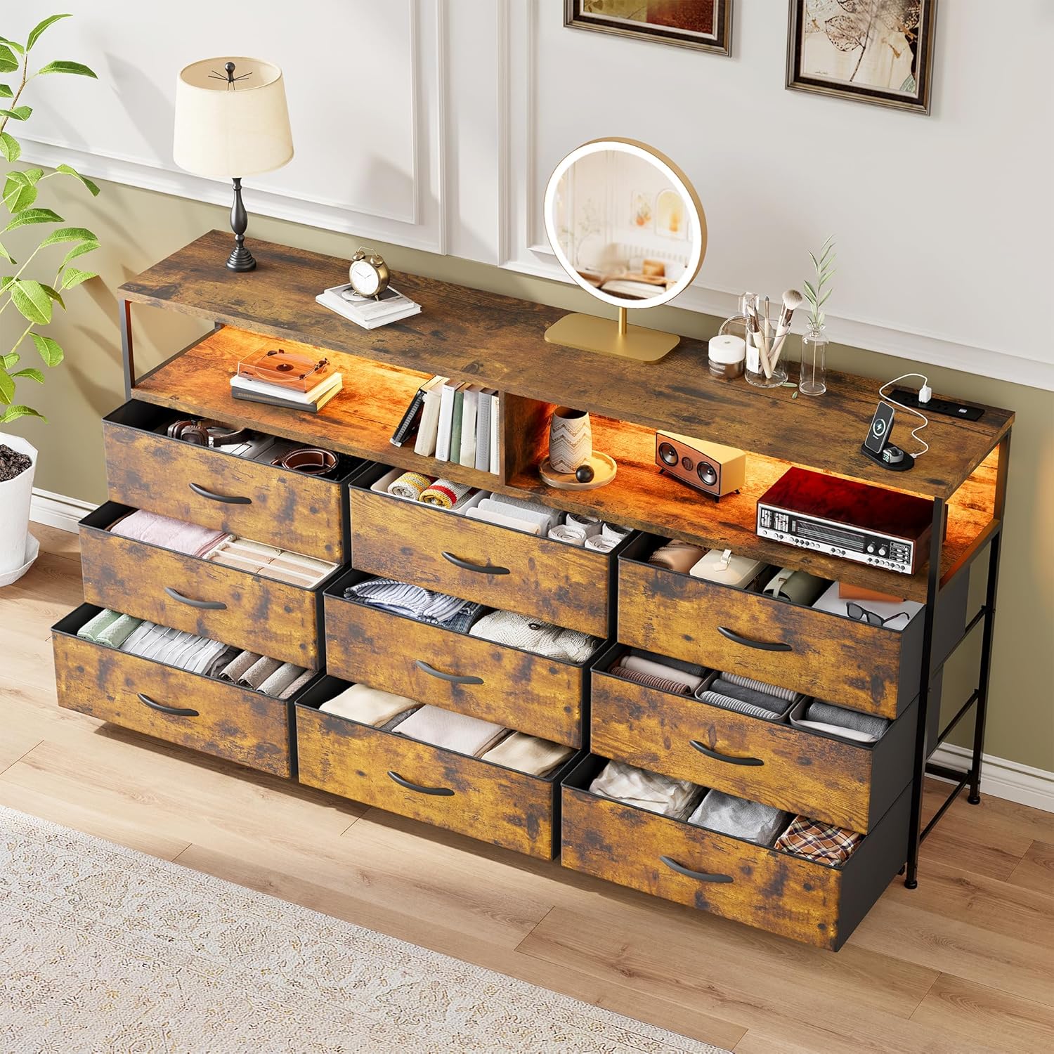 EnHomee 55” W Dresser for Bedroom with Charging Station & LED, 65" TV Stand for Bedroom with 9 Fabric Drawer & Open Shelves for Dorm, Entryway, Rustic Brown, 11.81" D x 55.12" W x 35.43" H