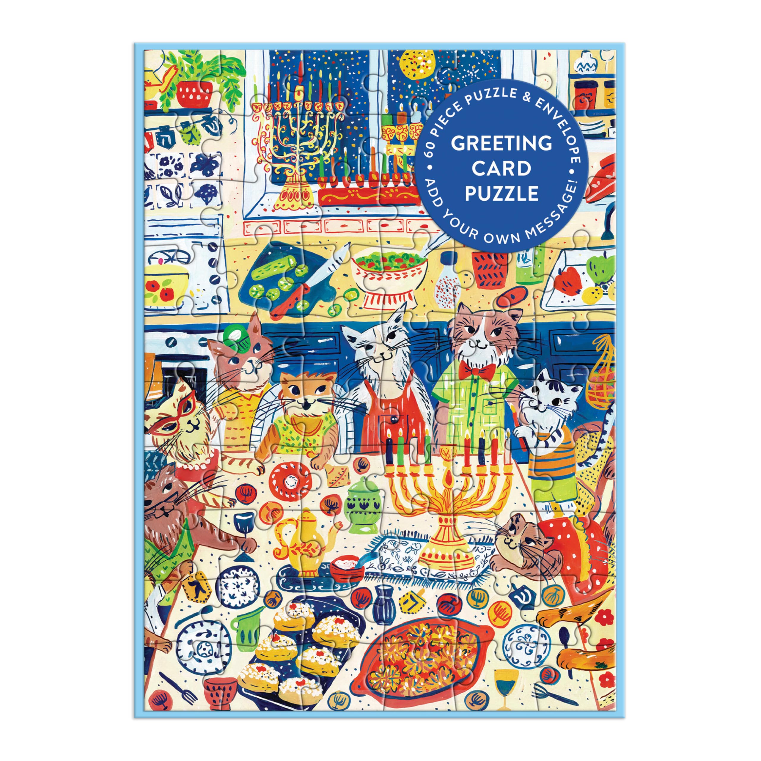 Galison Happy Hanukcats – Adorable Cat Hanukkah Greeting and Jigsaw Puzzle Card Includes Color Coordinated Envelope and Sticker Seal