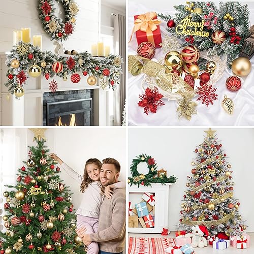 Miniatura 7 de Bassion Juego de 89 adornos para árbol de Navidad, bolas de Navidad rojas y doradas inastillables, adornos de plástico con flor de pascua y adorno