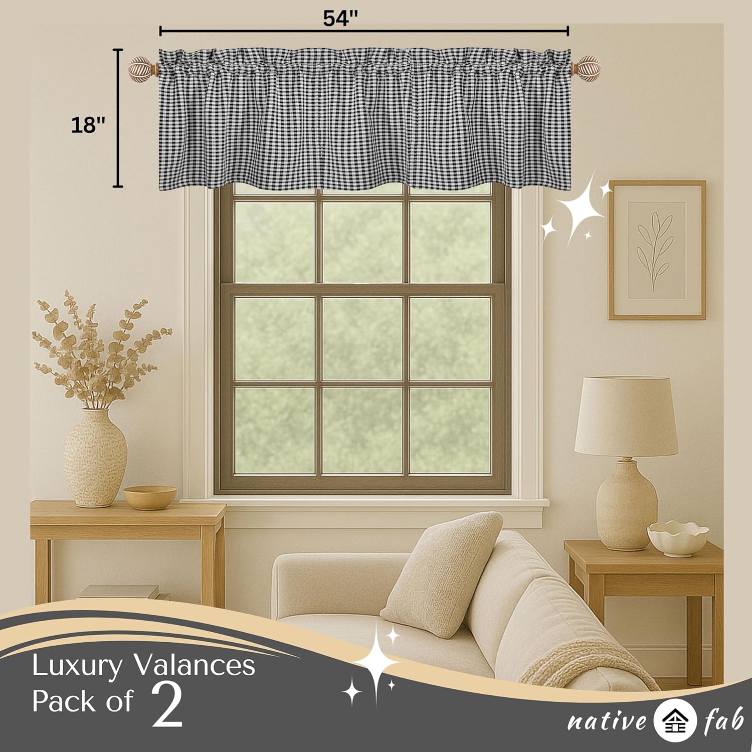 Native Fab Gingham Check 2 Pack Window Curtain Valance Set - Rod Pocket - Semi Sheer - Farmhouse Small Curtain for Kitchen, Bedroom, Living Room, Basement - 54 x 18 inches - Black White