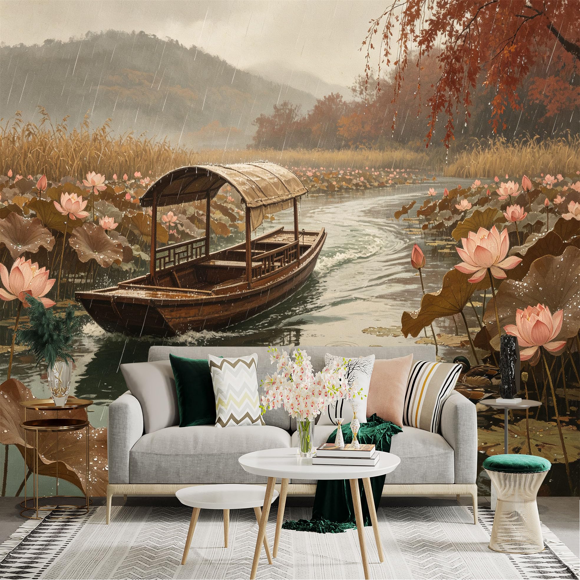 Custom Size Wall Sticker Mural， Rainy Landscape with Traditional Boat， Pink Lotus Flowers and Ducks， for wall Decoration， peelandstick wall Decals.