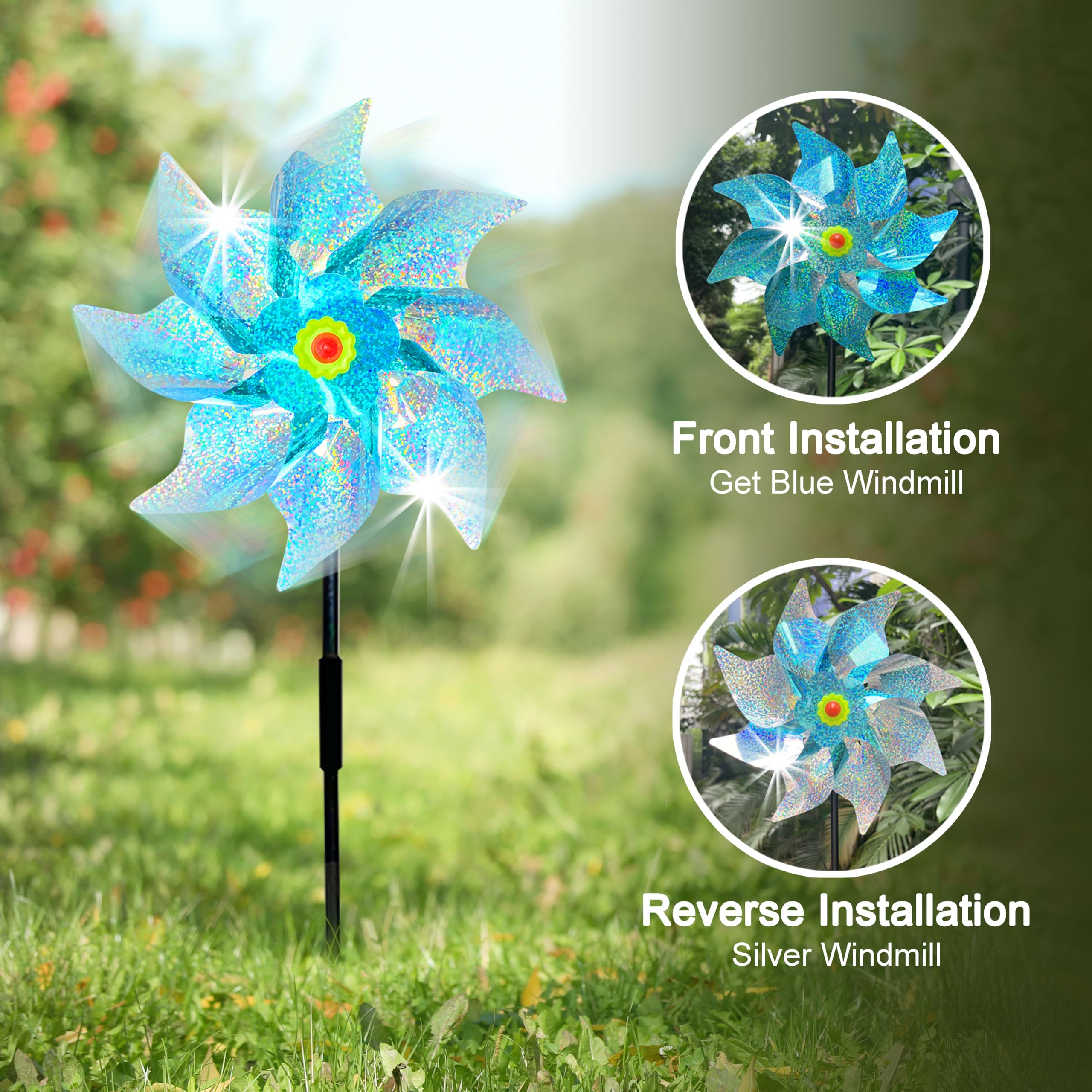 Repellente per piccioni, girandola a vento colorata, per frutteto, per uccelli e piccioni, per giardino, per balcone, 54 cm di altezza, colore glitterato