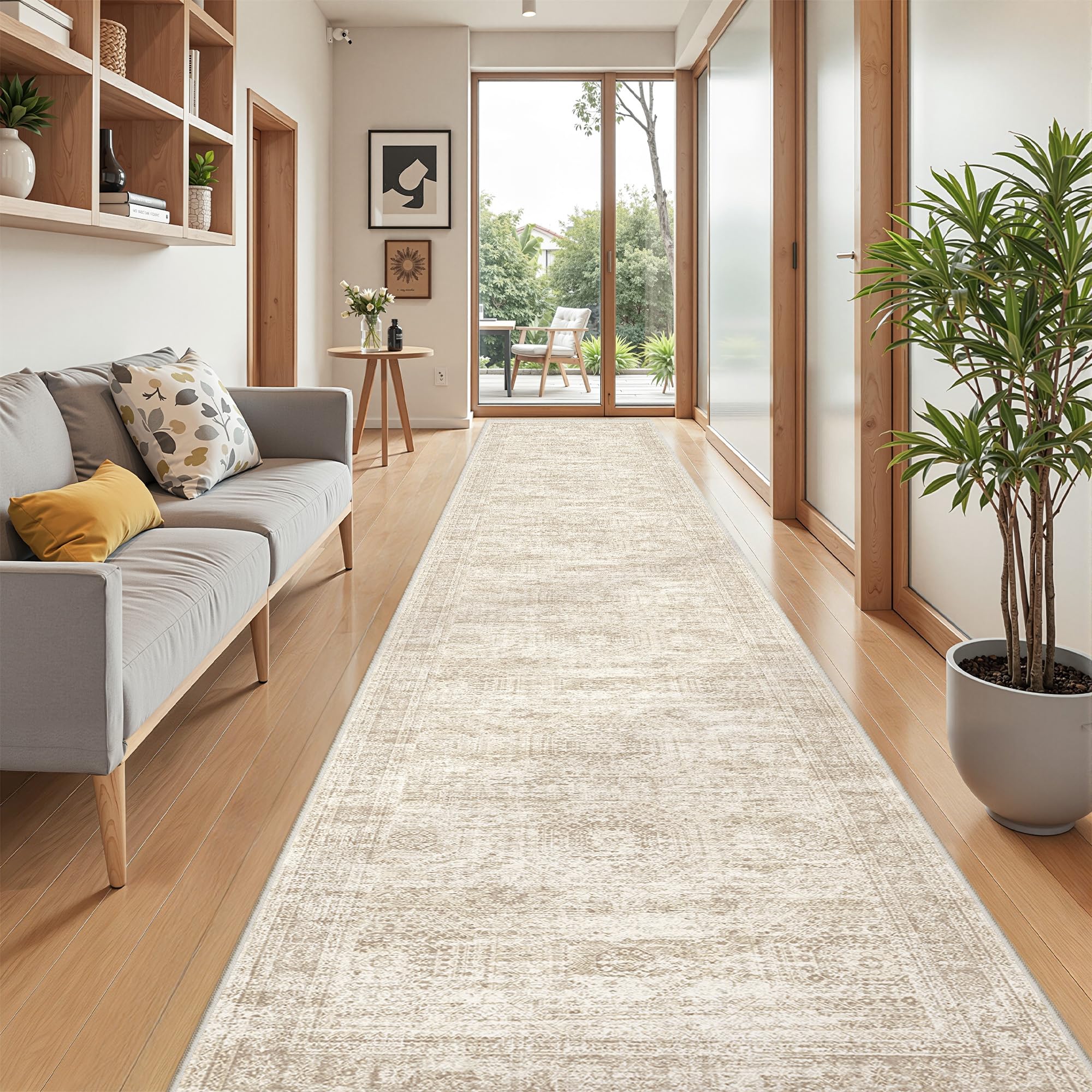 Restydon 2'6 x 16' Runner Rug Non Slip,Washable Kitchen Rugs,Beige — image 1