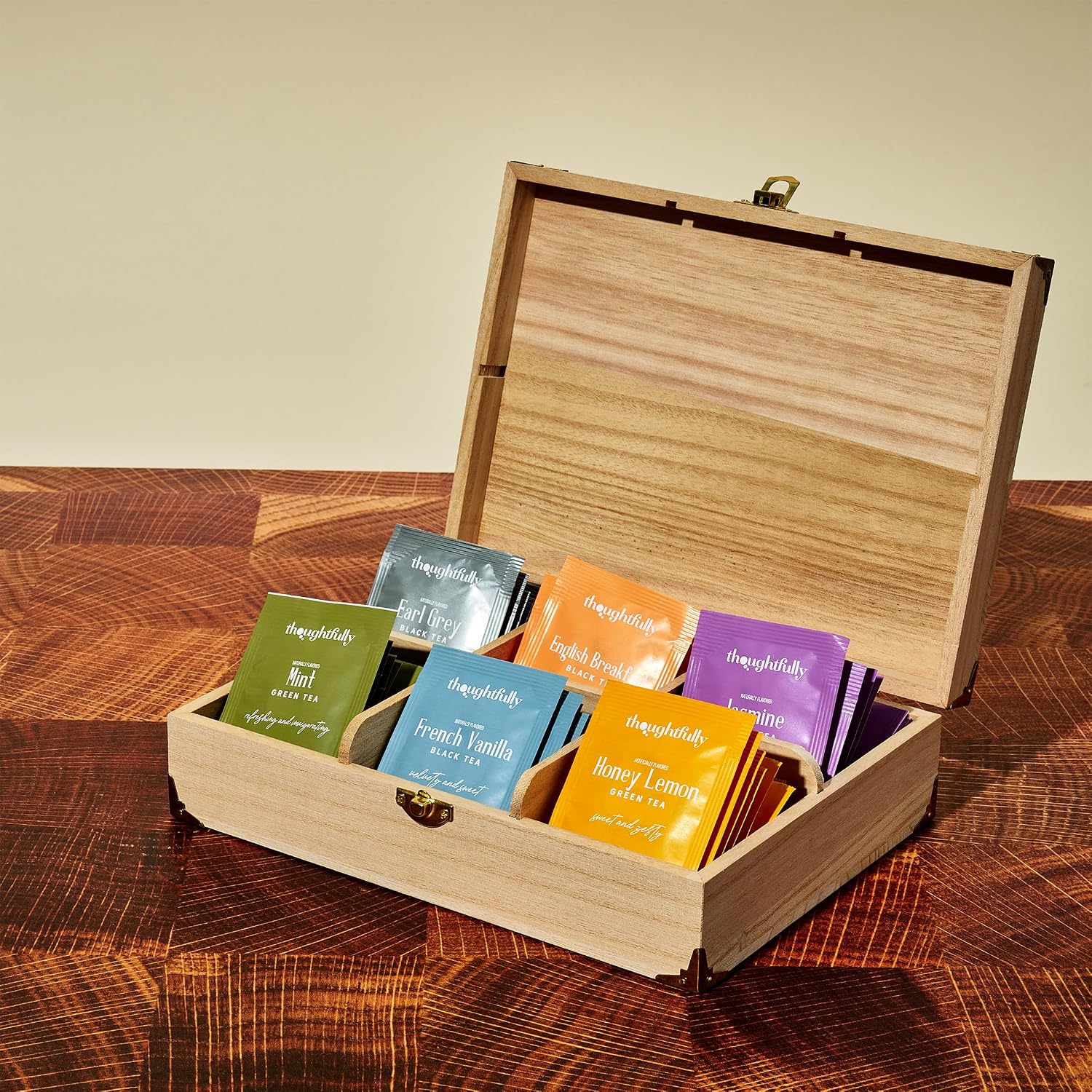 Thoughtfully Wooden Tea Box Gift Set, 90 Premium Tea Bags in Assorted Flavors, Includes Bow and Gift Tag, Luxury Tea Sampler Gift for Women, Mom, Dad, Friends, Birthday, Christmas, Housewarming, or Thank You Gifts