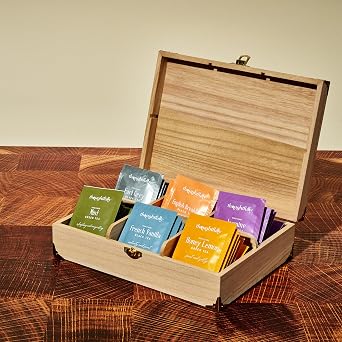 Thoughtfully Wooden Tea Box Gift Set, 90 Premium Tea Bags in Assorted Flavors, Includes Bow and Gift Tag, Luxury Tea Sampler Gift for Women, Mom, Dad, Friends, Birthday, Christmas, Housewarming, or Thank You Gifts