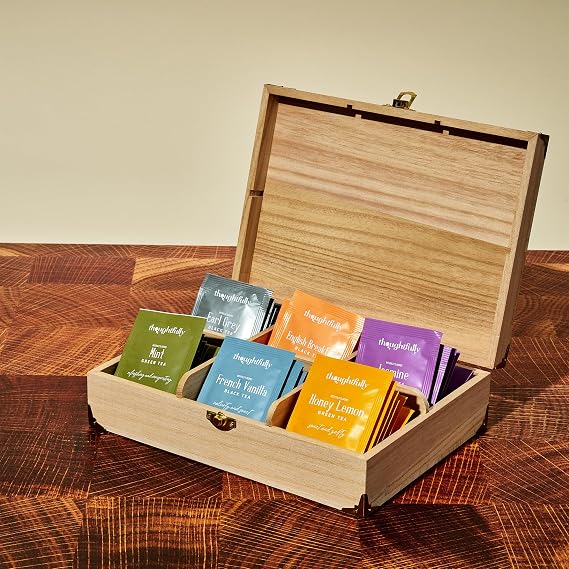 Thoughtfully Wooden Tea Box Gift Set, 90 Premium Tea Bags in Assorted Flavors, Includes Bow and Gift Tag, Luxury Tea Sampler Gift for Women, Mom, Dad, Friends, Birthday, Christmas, Housewarming, or Thank You Gifts