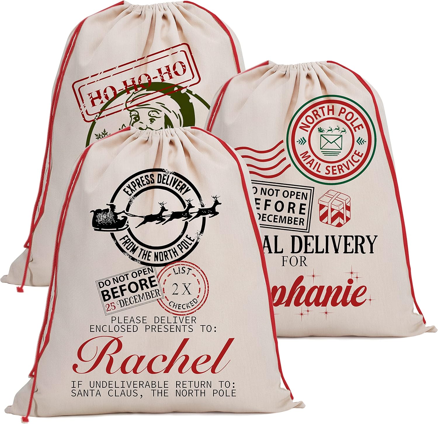 Brd Gifts Set of 2 Personalized Santa Sack w/Name 9 Design Options Custom Christmas Bag for Holiday Presents, 27 x 20 Canvas, Large Santa Gift Sack Santa Mail Service