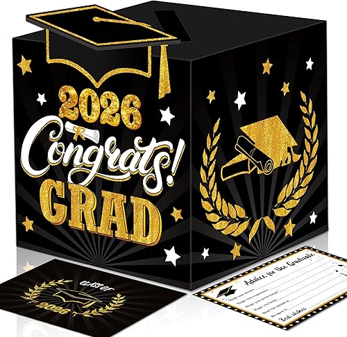 Tarjetas de deseos de graduación con caja de tarjetas de graduación negra y dorada, 36 tarjetas de consejos de graduación de clase 2022 y caja de