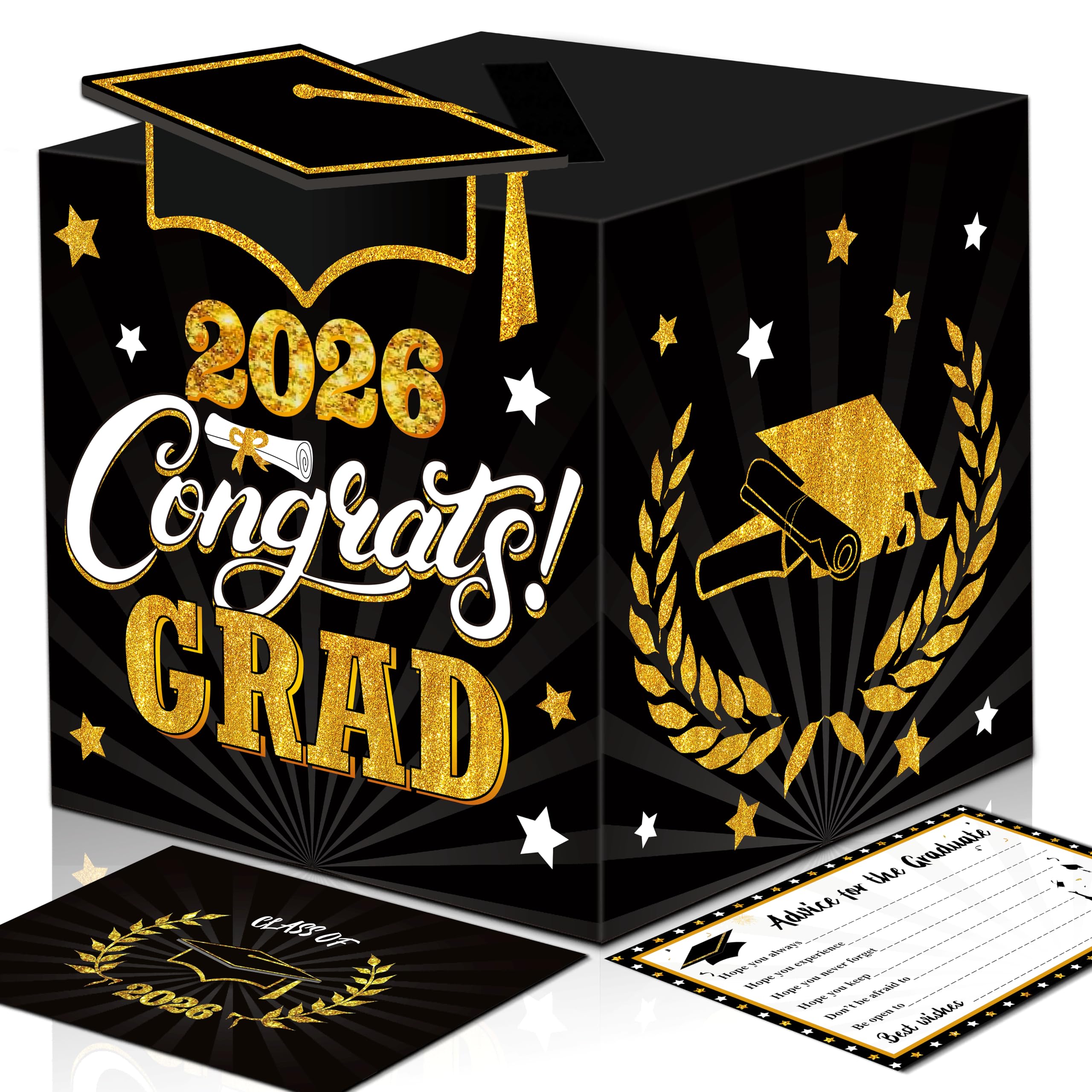 Graduation Wish Cards with Black and Gold Card Holder Box - 36PCS Class Of 2026 Advice Cards and 2026 Congrats Grad Card Box for Graduation Party Supplies Decoration