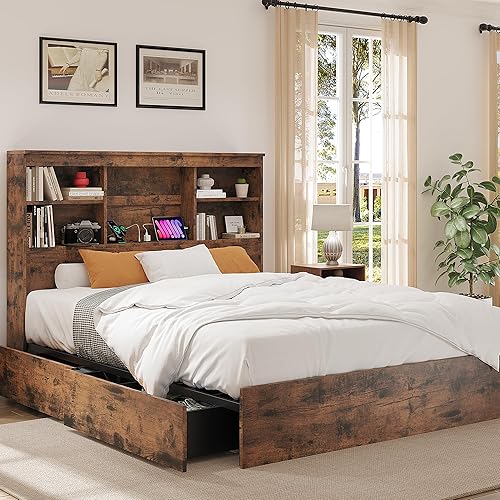 Queen Bed Frame with Tall Bookcase Headboard & 4 Storage