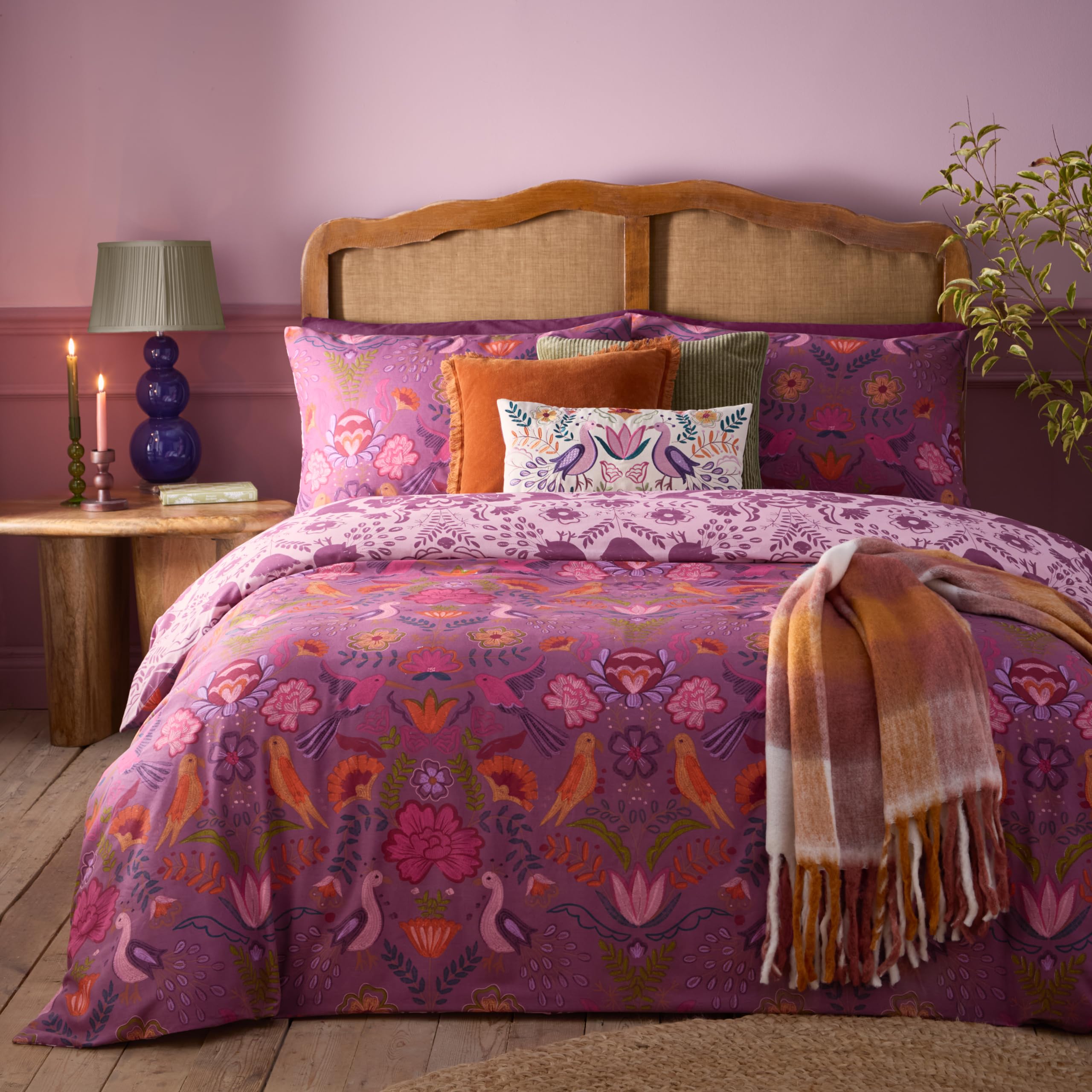 furn. Broderie Floral Reversible Duvet Cover Set - Embroidery Inspired Illusionary Bedding (Damson - King UK Standard)