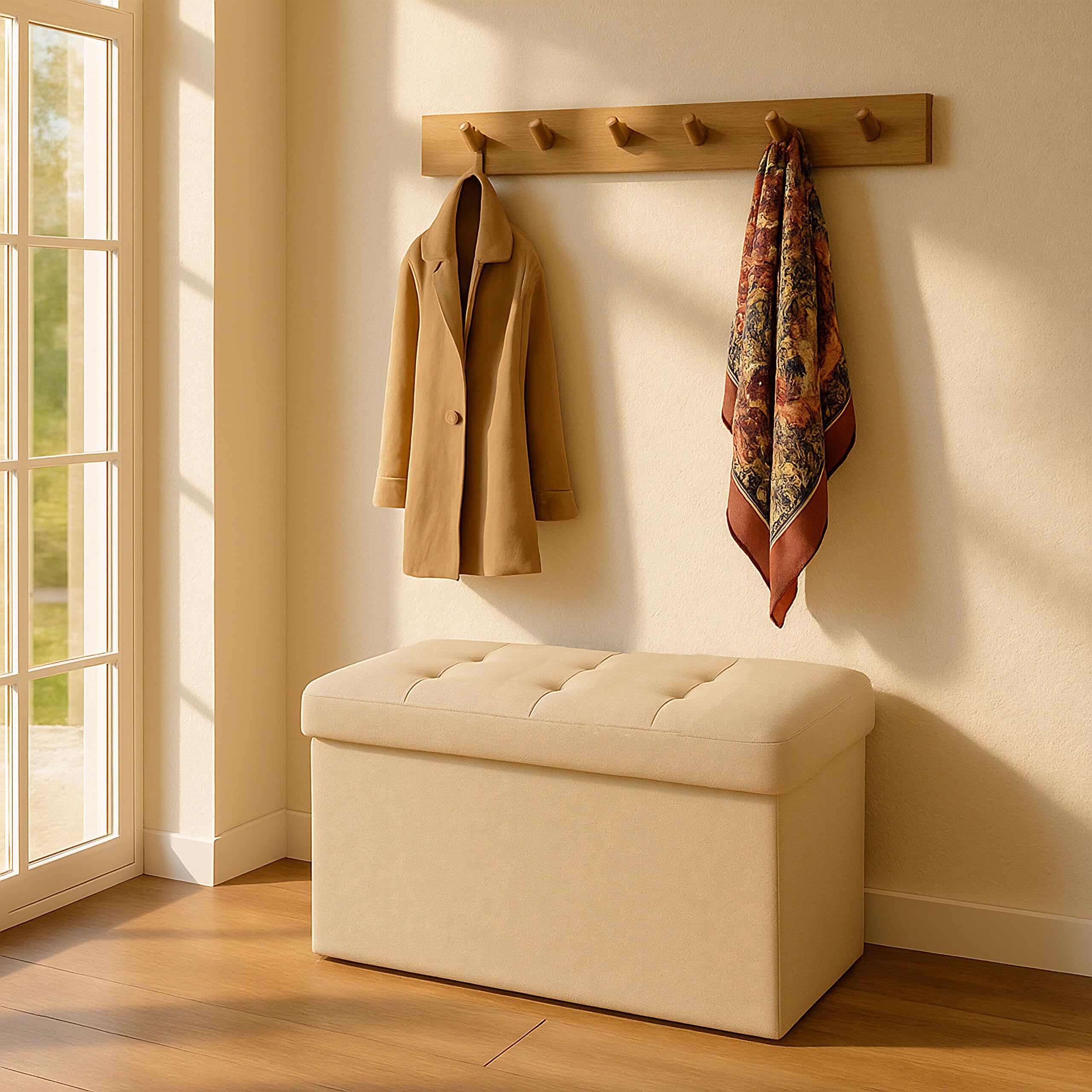 Relaxdays Banc, Rangement, Tissu, Pliable, rembourré, Couloir, Chambre, H x L x P 38 x 76 x 38 cm, Beige