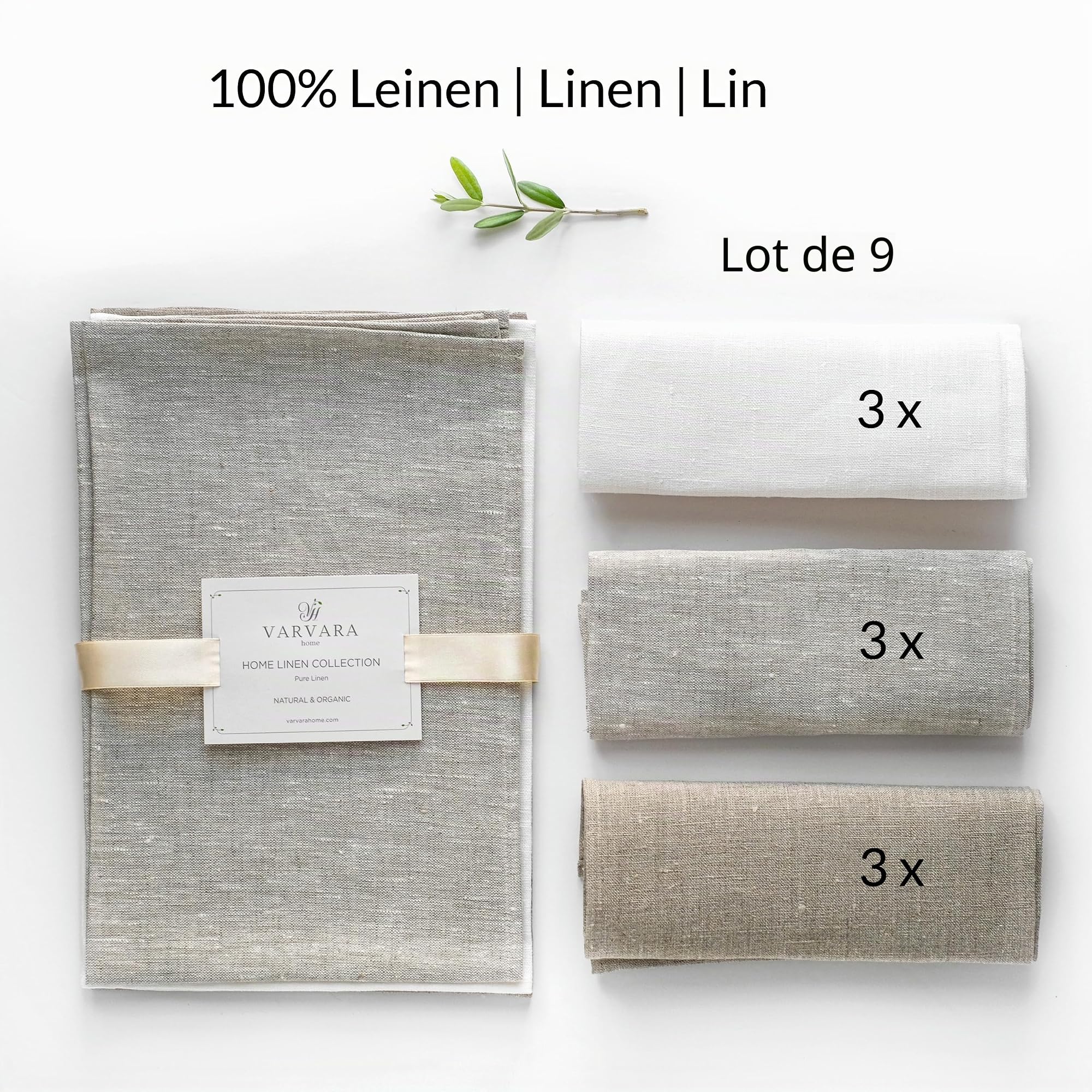 9 Torchons en Lin | Torchon de Cuisine en Lin | Serviettes et torchons à Vaisselle Lin | Torchon Professionnel Beige Naturel Blanc - Set de 9