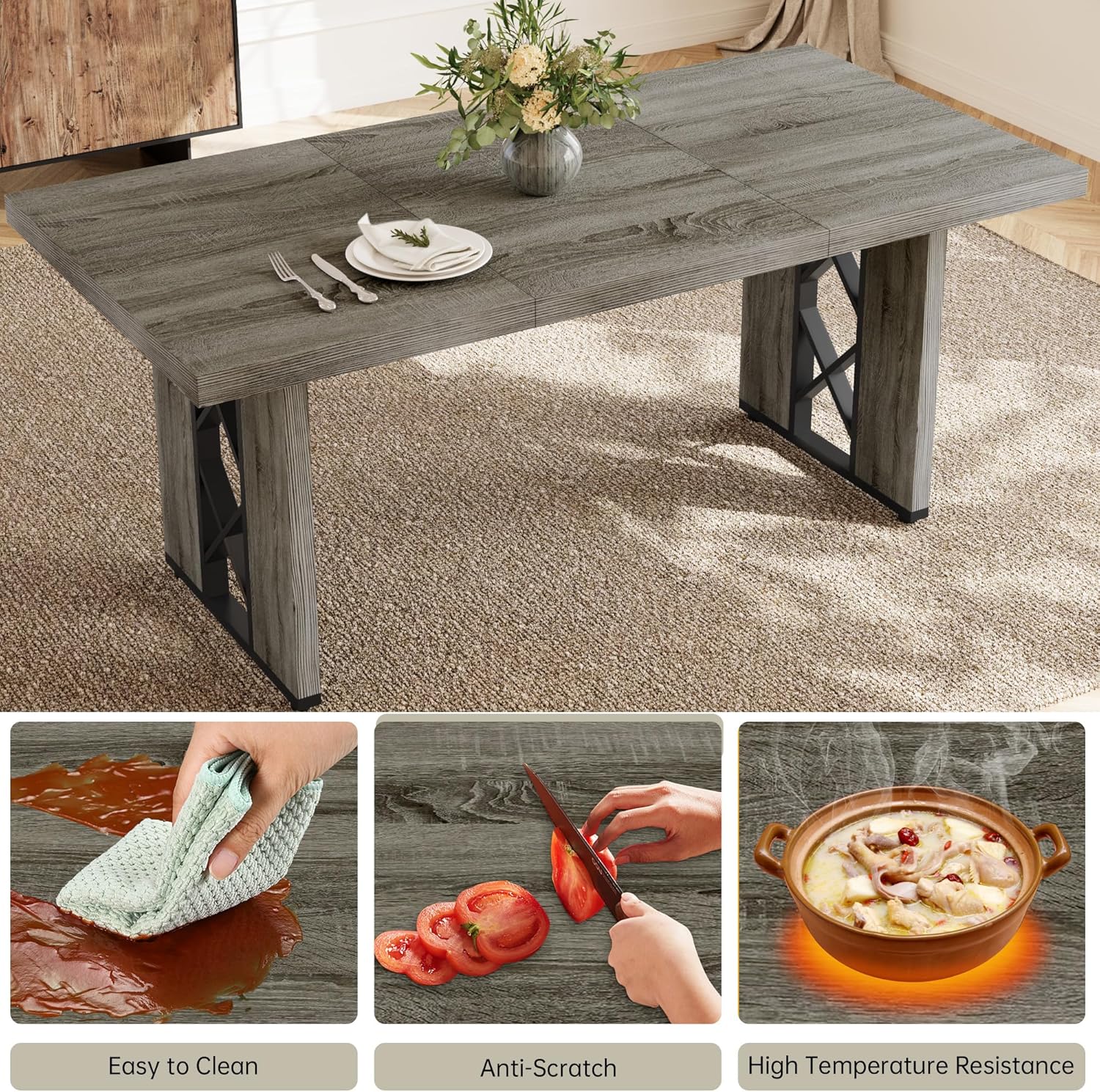 70.8" Farmhouse Dining Table for 6 People, Large Rectangle Kitchen Table with Heavy Duty Legs, Industrial Dining Room Furniture for Dinner, Grey