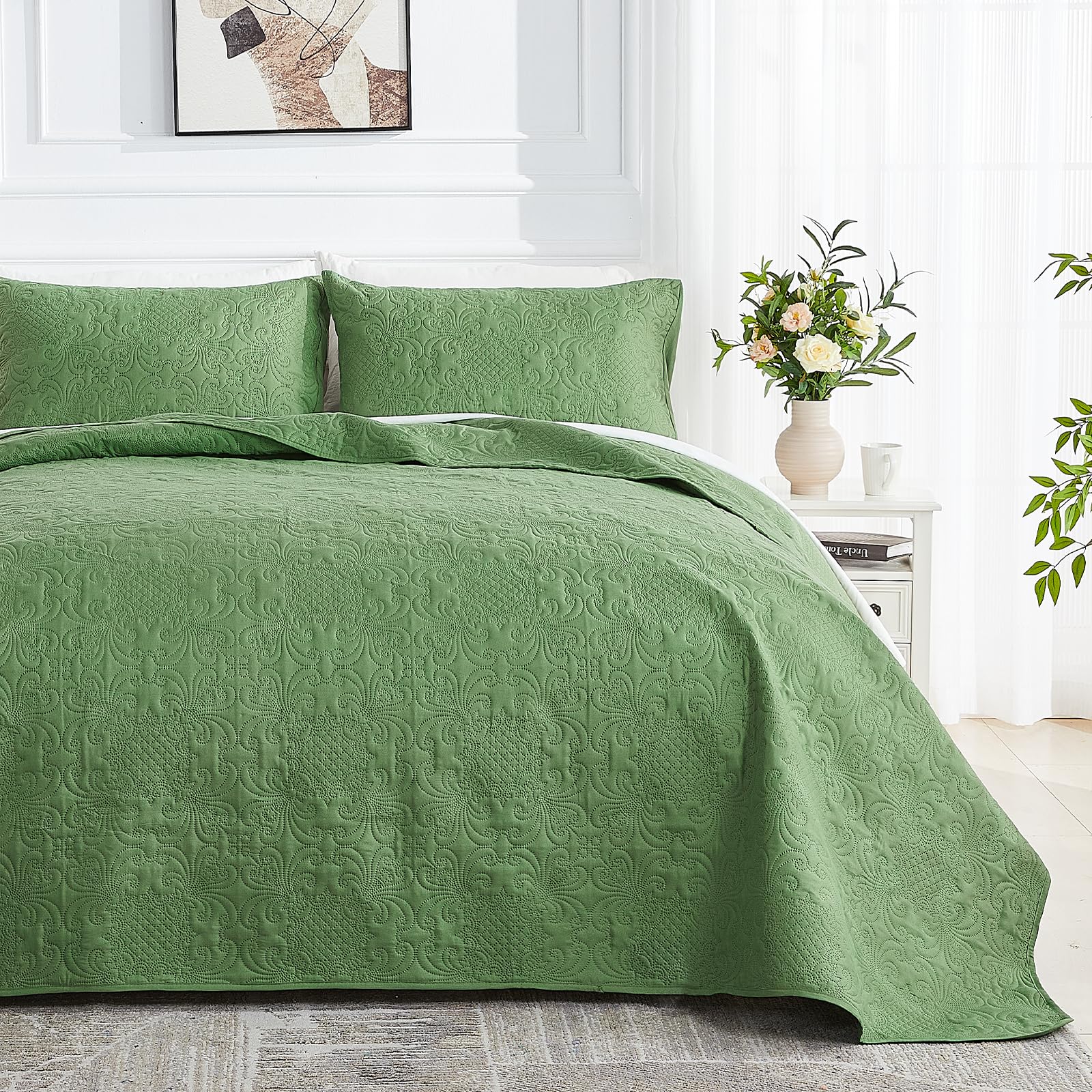 Qucover Colchas Camas 135 y 150 Verde, 3 Piezas, Suaves y Ligeras, Estampado Vintage de Fores Cubrecama de Poliéster con Tecnología de Acolchado Ultrasónico y Fundas de Almohada, 228x243cm