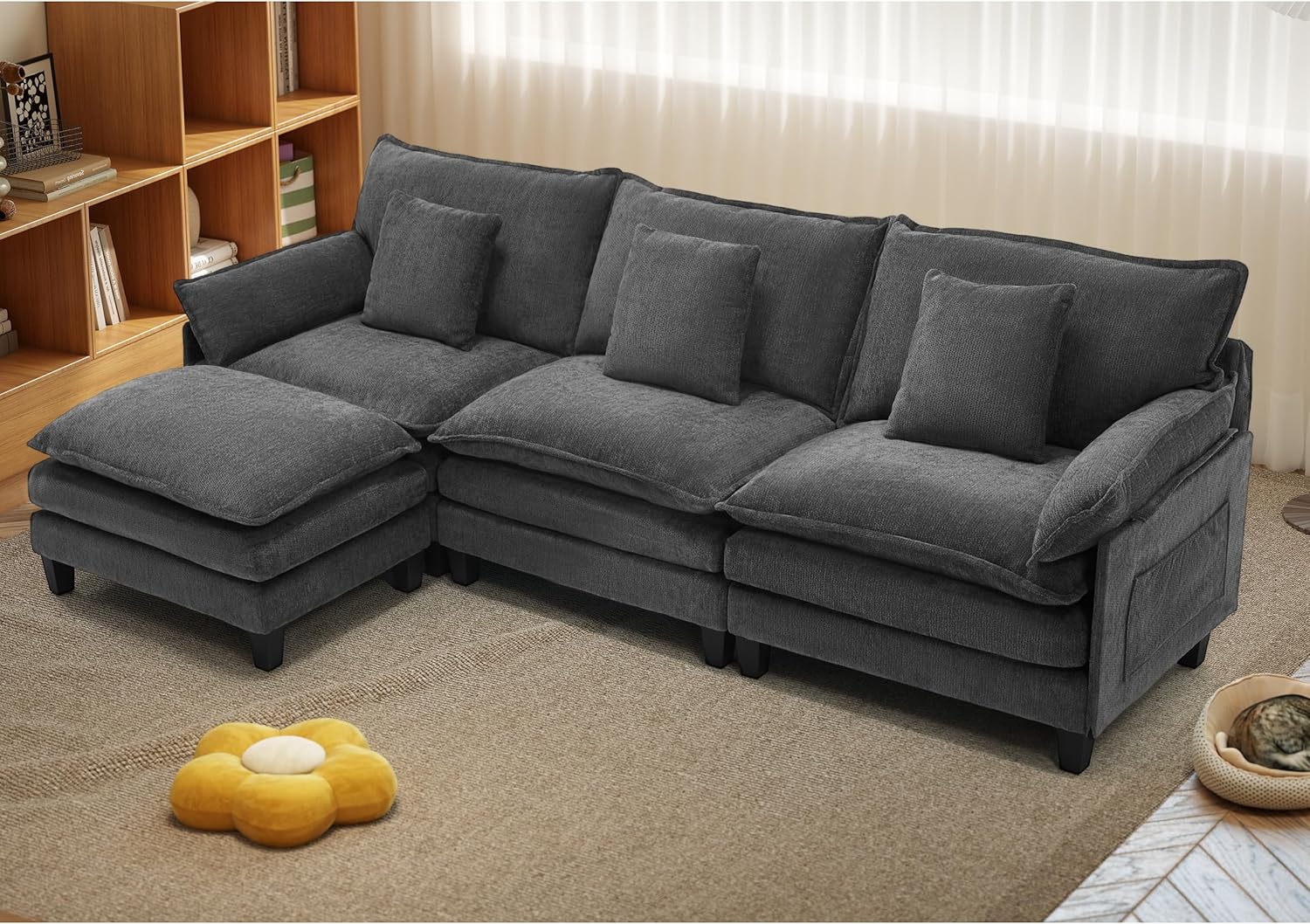 Comfy Cloud Couch with Movable Ottoman, 106″ Modular