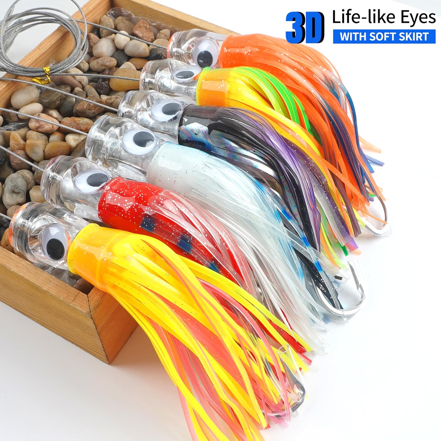 Saltwater Tolling Lures,6pcs Squid Skirt Deep Sea Fishing Lure Set Offshore Big Game Rigged Trolling Lures for Tuna Marlin Wahoo Shark Mahi Saltwater Fishing Gear