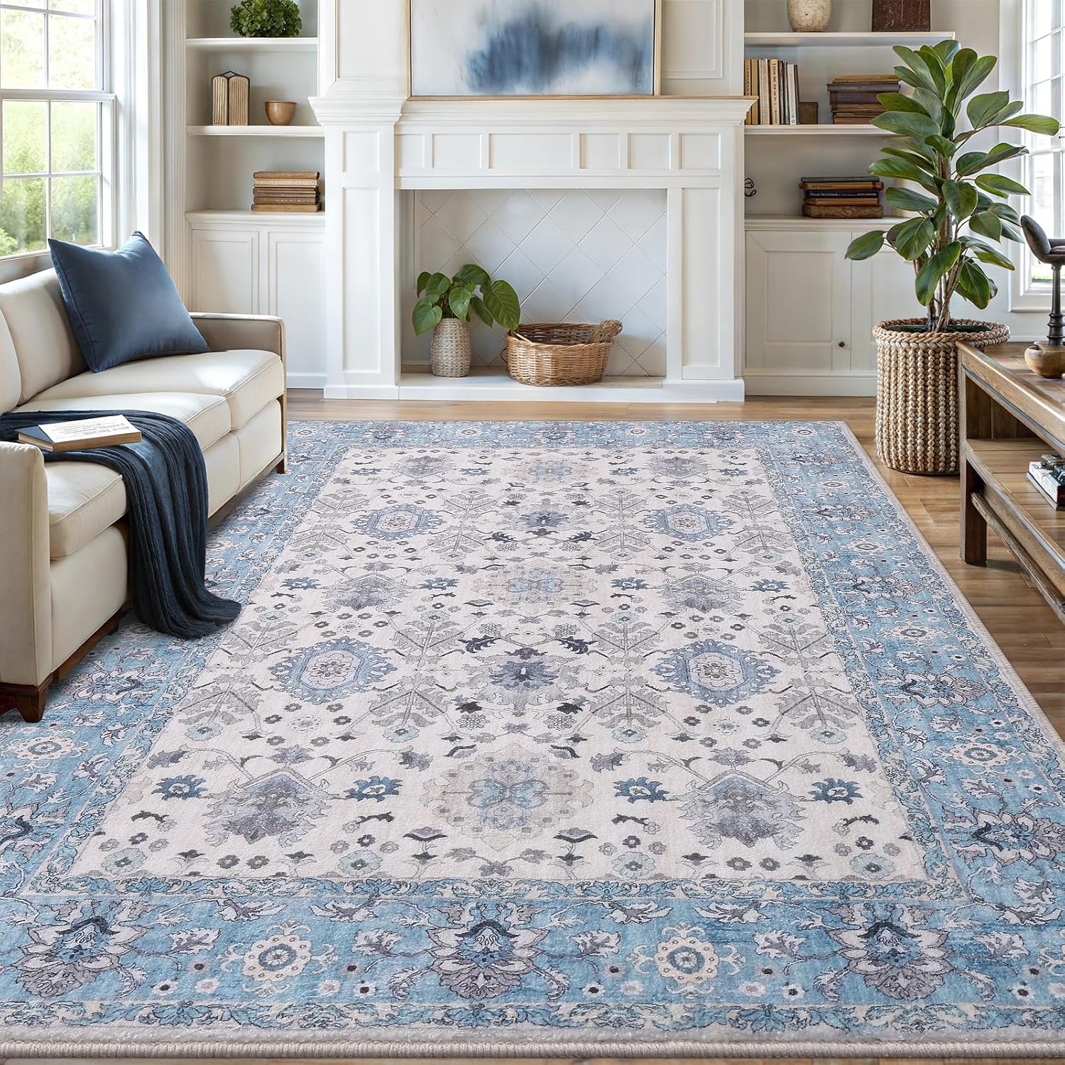 8x10 Area Rugs for Living Room, Bedroom - Machine Washable, Non-Slip Bedside Rug, Large Soft Floor Carpet for Office, Dining Room, Farmhouse and Home Decor, Cozy Elegance/Blue 8' x 10' Cozy Elegance / Blue