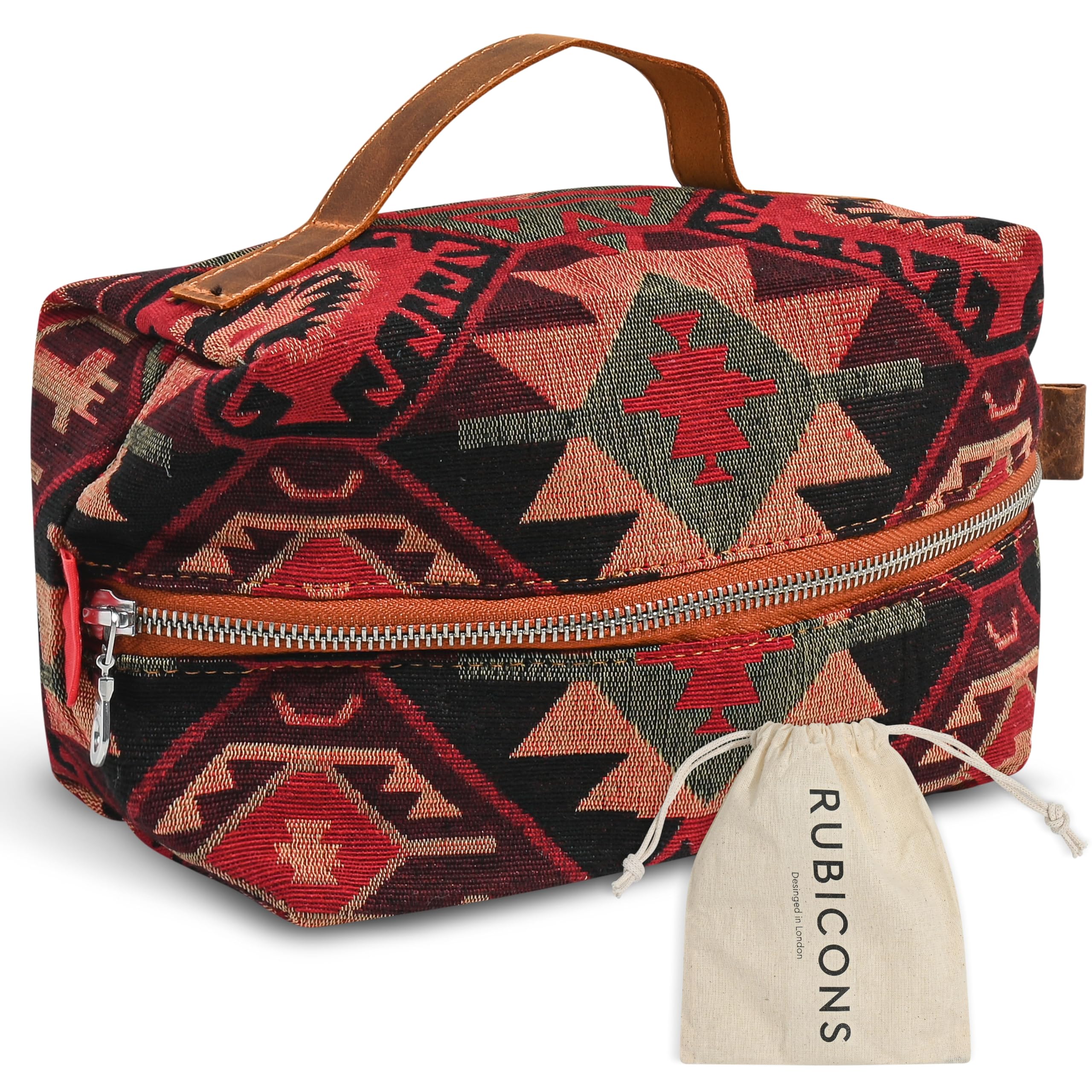 RUBICONS Cosmetic Handbag Makeup Organizer Purse Travel Toiletry Zipper Pouch for Women Red Boho Cotton Case (Red Boho)