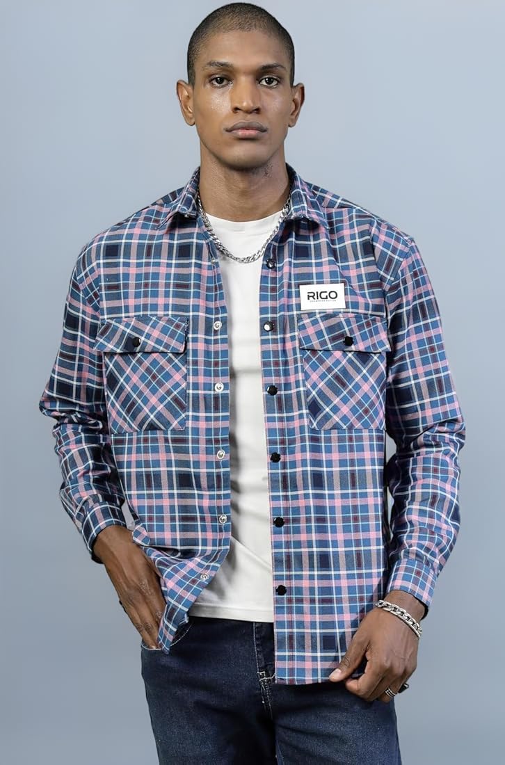 Rigo Cotton Oversized Flannel Shacket for Men | Checks Print, Cut 