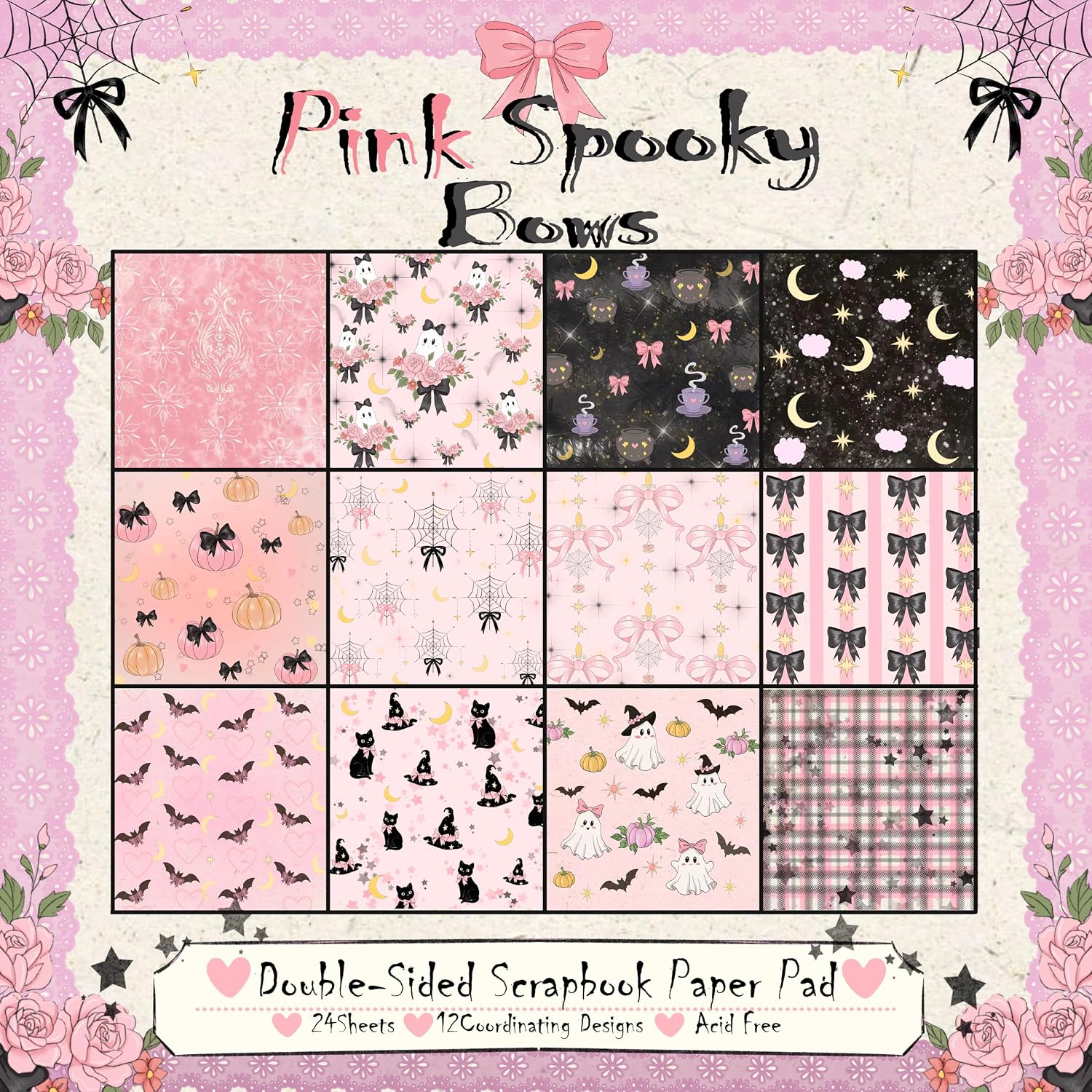 Pink Halloween Scrapbook Paper Scrap Book Scrapbooking Pattern Pastel Goth Spooky Cute Aesthetic Patterned Craft for Cardmaking Junk Journaling DIY Crafts , 6x6 Double Sided 24 Sheets 160gsm Papers