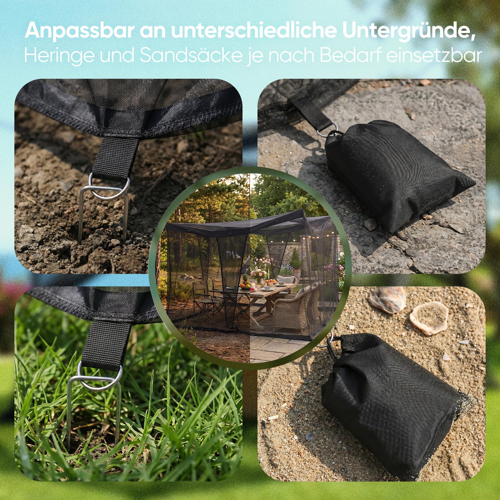 Sekey XXL Moskitonetz mit 16 Sandsäcke und Bodenanker, 4 Eingänge Feinmaschig Mückenschutz, Tragbares Campingzelt 350 × 250 × 250 cm, Outdoor Fliegennetz für Reise Pavillon Garten Terrasse, Schwarz