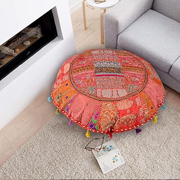 Rajasthani Handmade 32" Round Colorful Decorative Floor Pillow Cover Meditation Patchwork Patchwork Cushion Seating Accent Boho Chic Indian Handmade Cover ONLY32" Orange