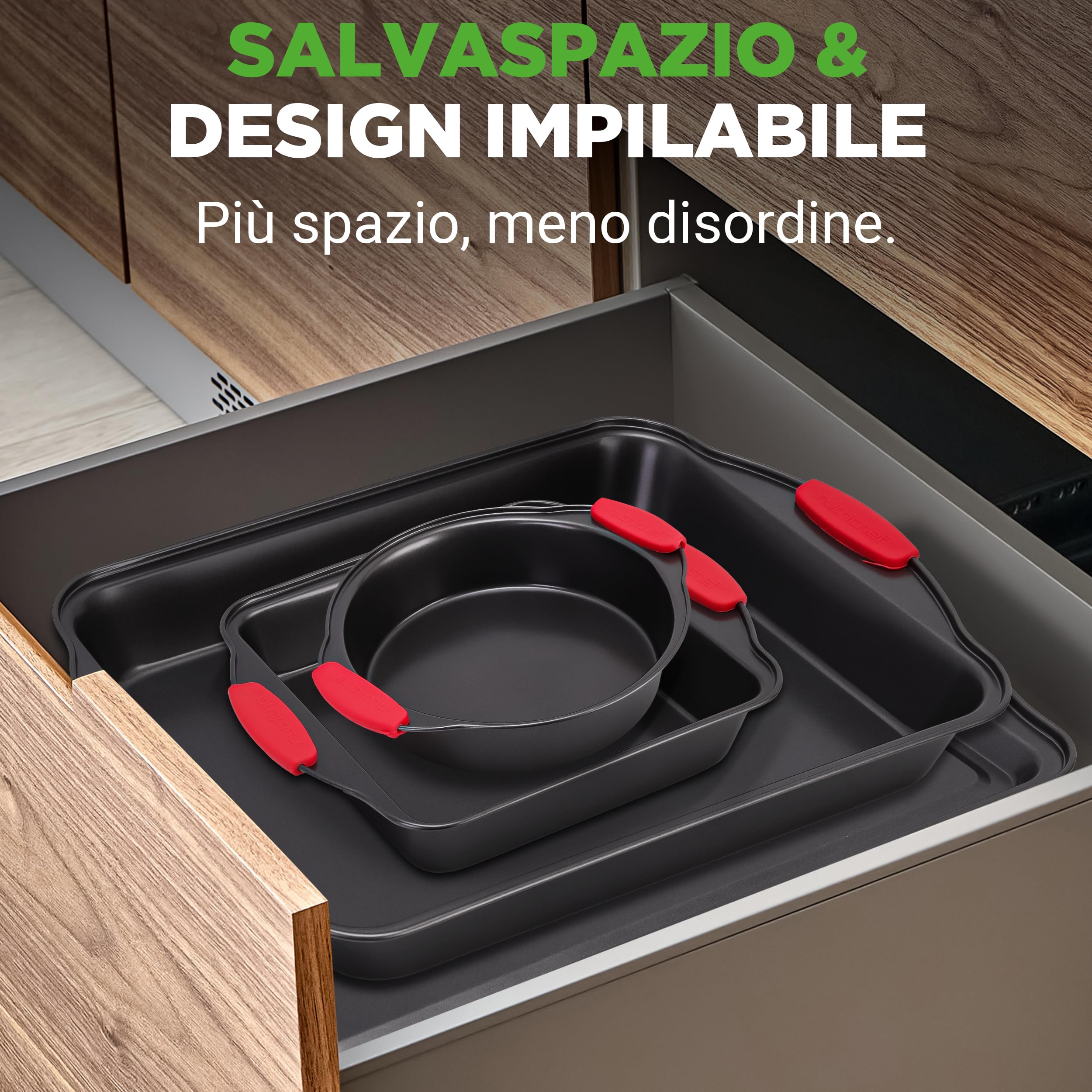 NutriChef Set da 8 Teglie da Forno con Manici in Silicone Rosso, Teglie Forno Antiaderenti in Metallo Professionale, Rivestimento Grigio Interno ed Esterno