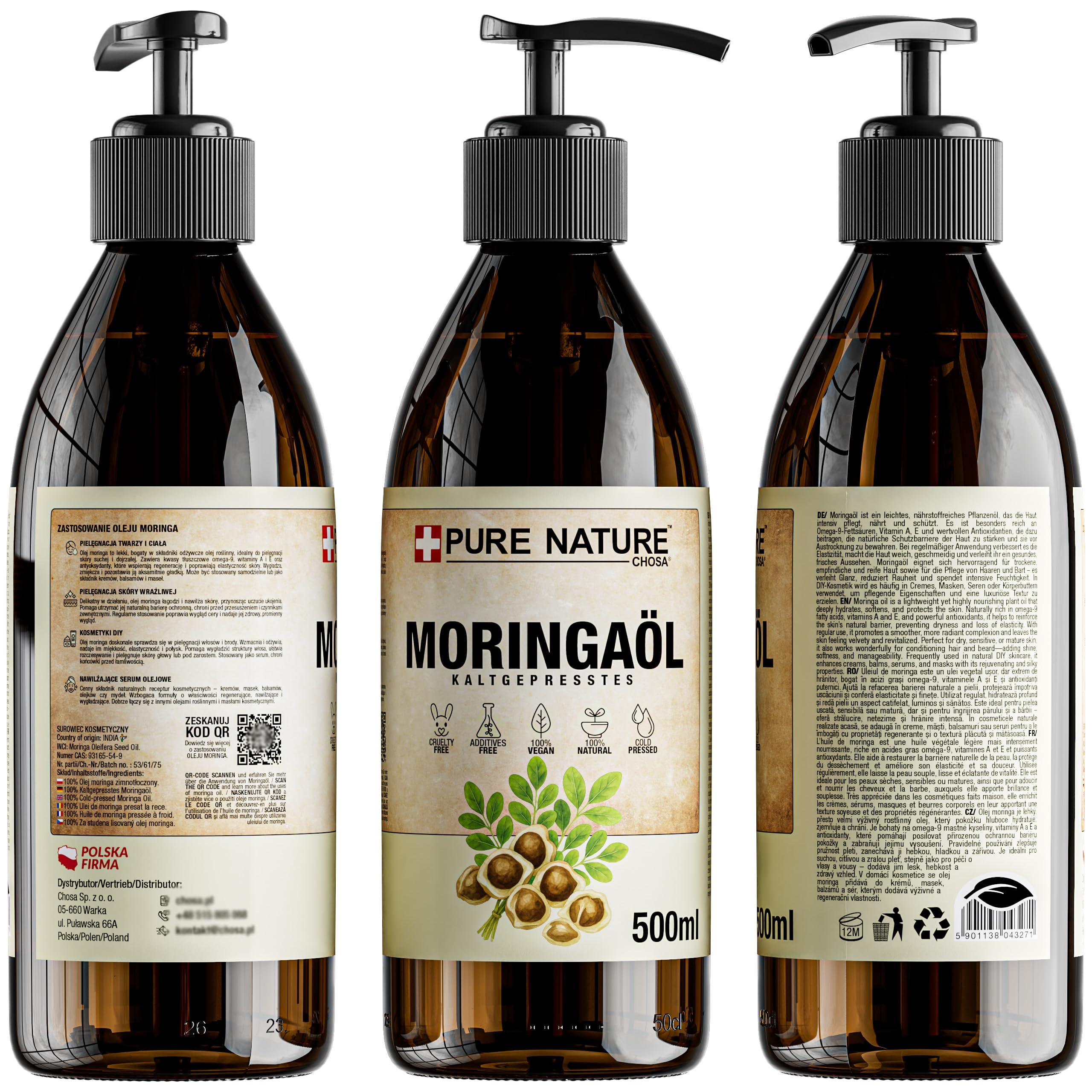 CHOSA Moringaöl 500 ml + Spender | Moringa Öl, Kaltgepresst, Unraffiniert, Veganes Hautpflegeöl, Feuchtigkeits, Pflege für Gesicht, Haut, Haar