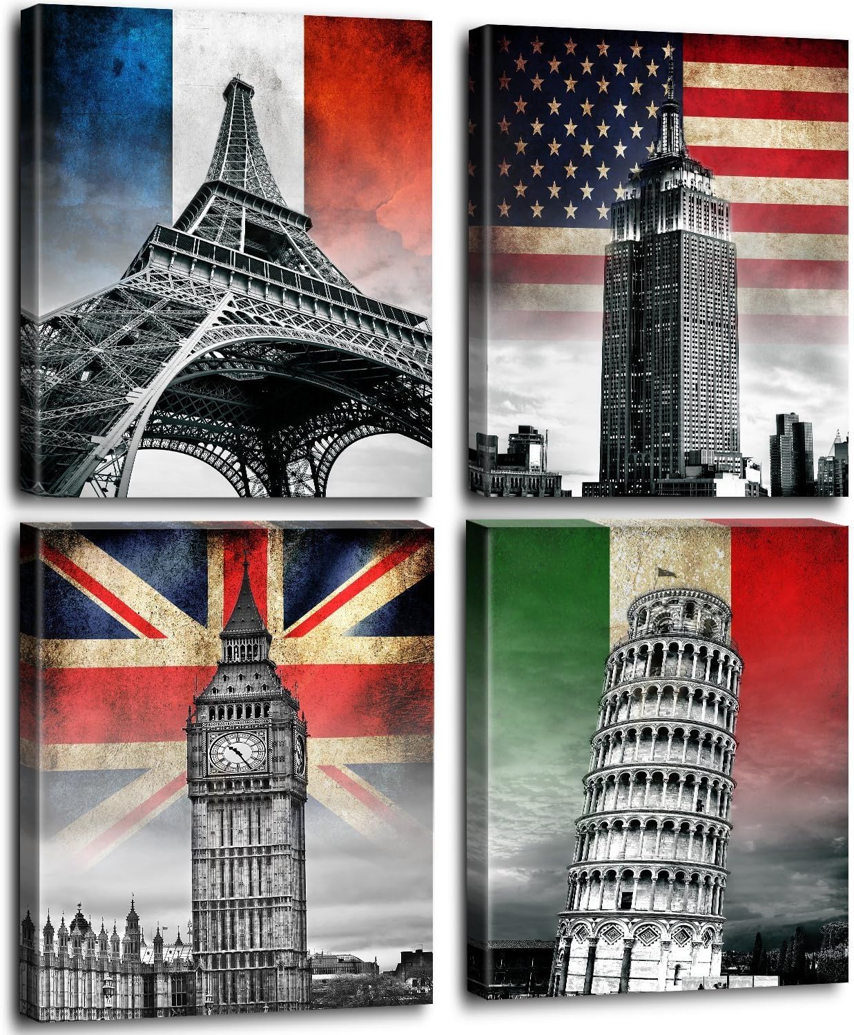 Black and White World Famous Buildings Home Wall Art Decor Canvas Print Homes Decoration Europe Architecture Landmarks Building with National Flag Color Pictures Ready to Hang Set of 4 Panel 12" X 16"