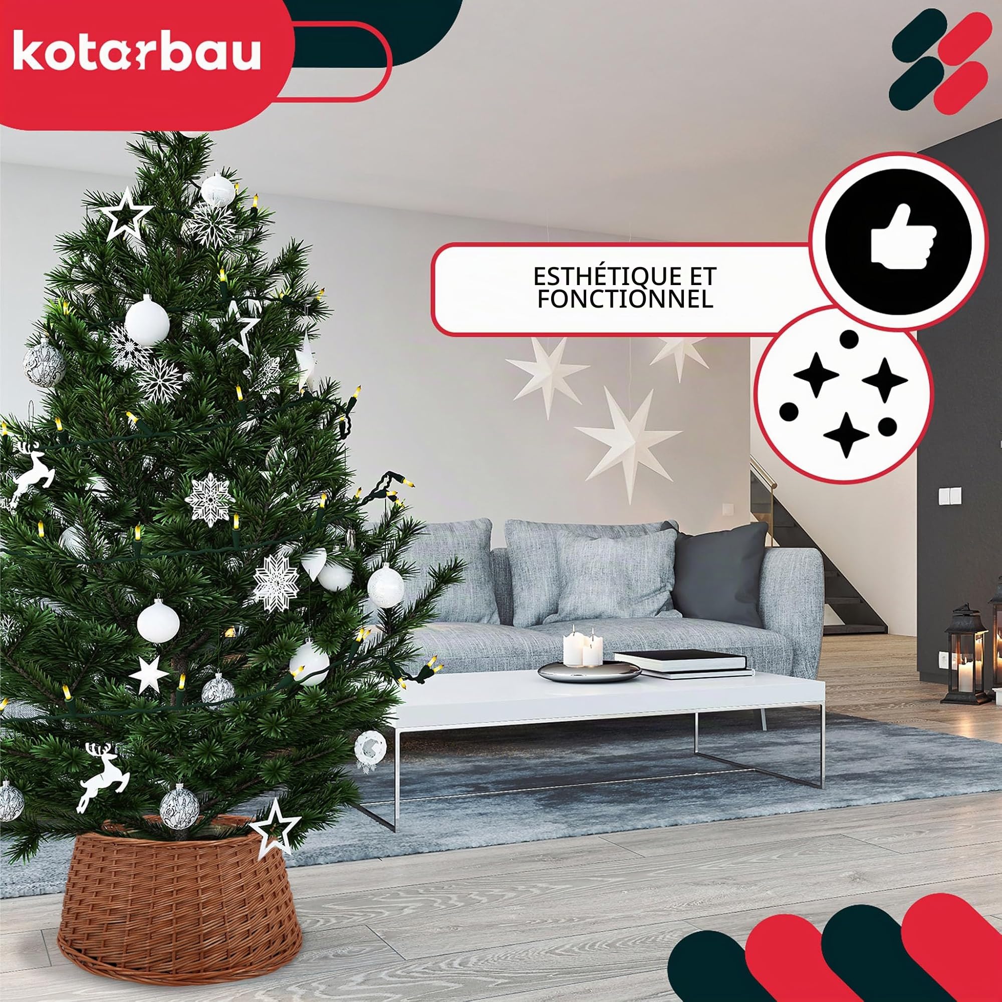 KOTARBAU® Panier pour Sapin de Noël Ø 50 cm Housse en Osier Naturel Support pour Sapin de Noël en Rotin Housse Cache Pied Sapin de Noël en Osier Jupe Sapin Cache Sapin