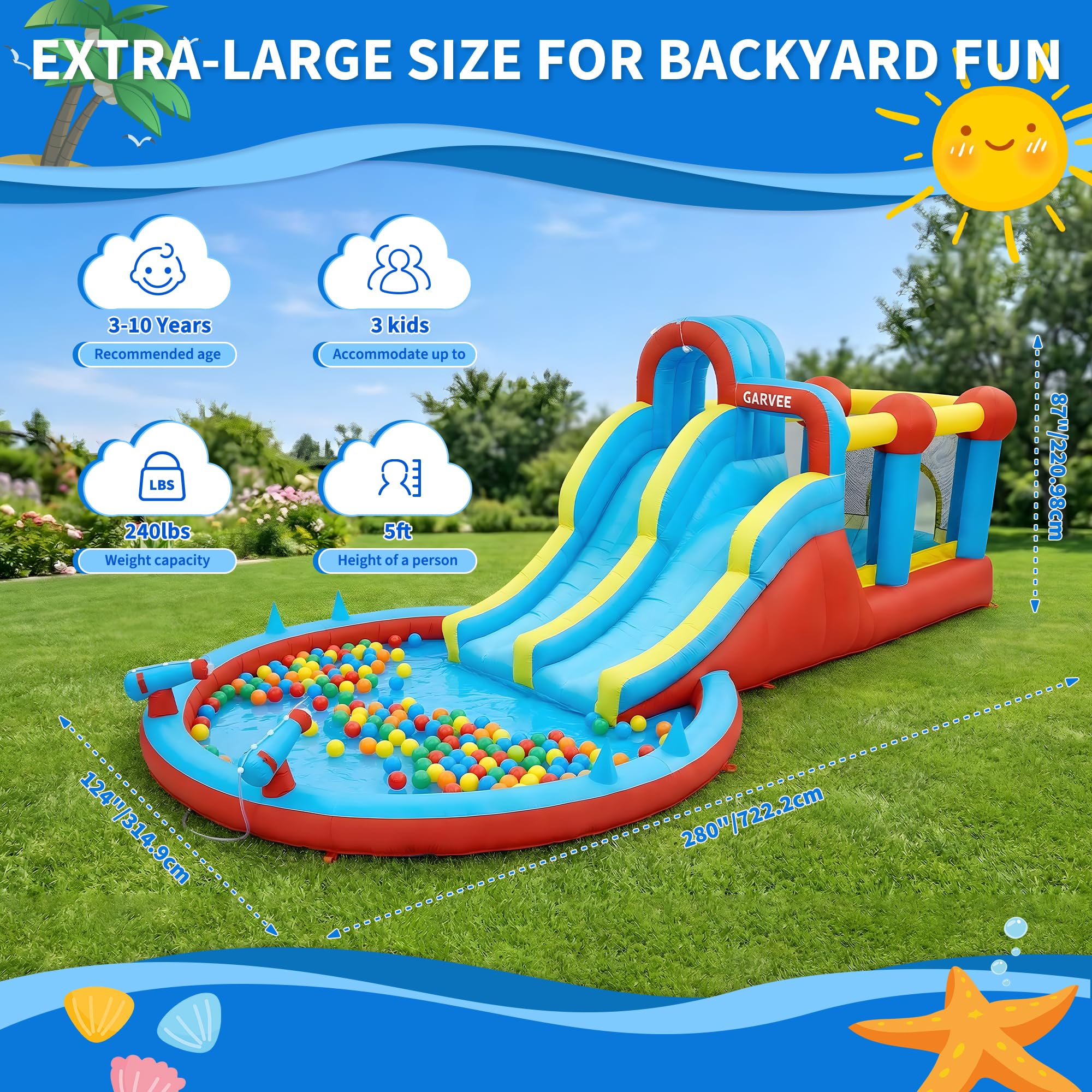 Hüpfburg XXL Mit Wasserrutsche, Hüpfburg Mit Gebläs, Wasserpark Für Kinder Mit Gebläse, Outdoor Springen,Splash Pool, Rutsche, Groß Hüpfburg, Sommer Spielplatz Für Hinterhof, Innen-Außenbereich