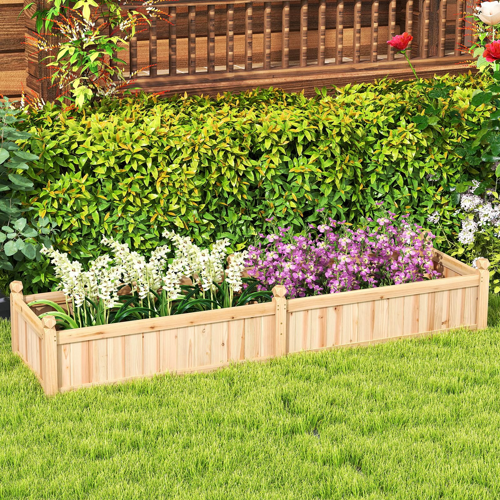RELAX4LIFE Fioriera da Esterno, Orto Rialzato da Esterno con Divisore, Sistema di Drenaggio, Fodera in Tessuto Non Tessuto, Fioriera Legno per Verdure, Fiori, per Balcone, 227x59,5x40cm (Naturale)