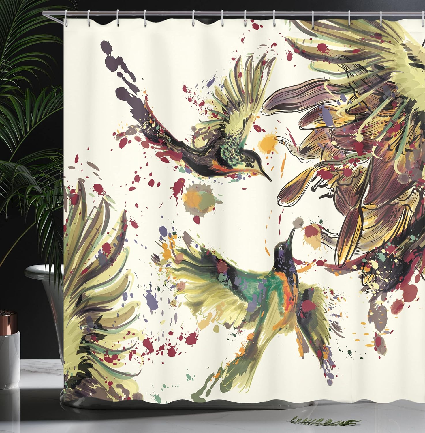 Ambesonne Hummingbird Shower Curtain, Art Lily Flowers Birds and Color Splashes in Watercolor Painting Style, Cloth Fabric Bathroom Decor Set with Hooks, 69" W x 84" L, Soft Green