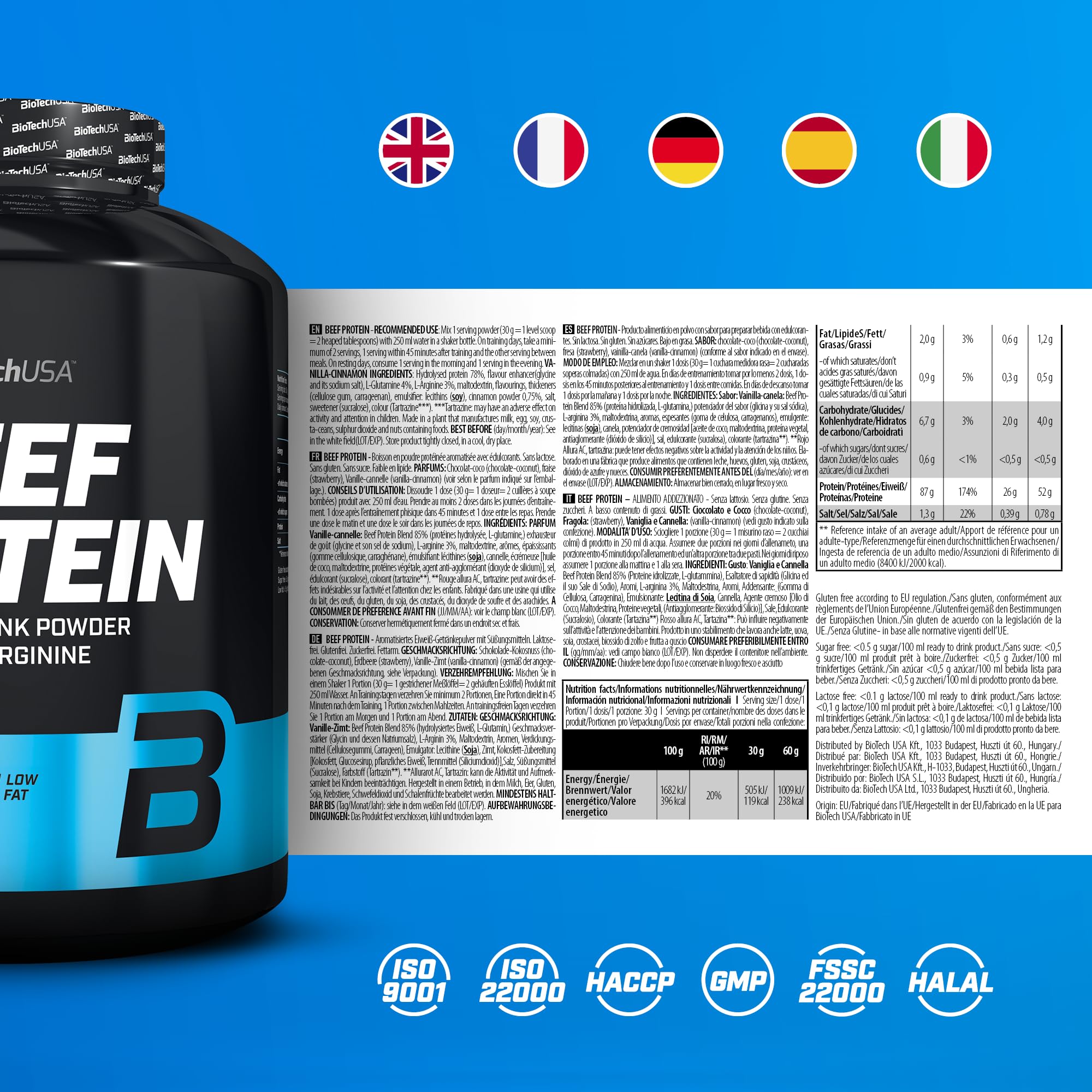 BioTechUSA Beef Protein, 87% Hydrolysed Protein Peptide Formula, Sin Lactosa ni Gluten, Bajo en Grasa, Sin Azúcar, Apto para la Dieta Paleo, 1,816 kg, Vainilla-Canela