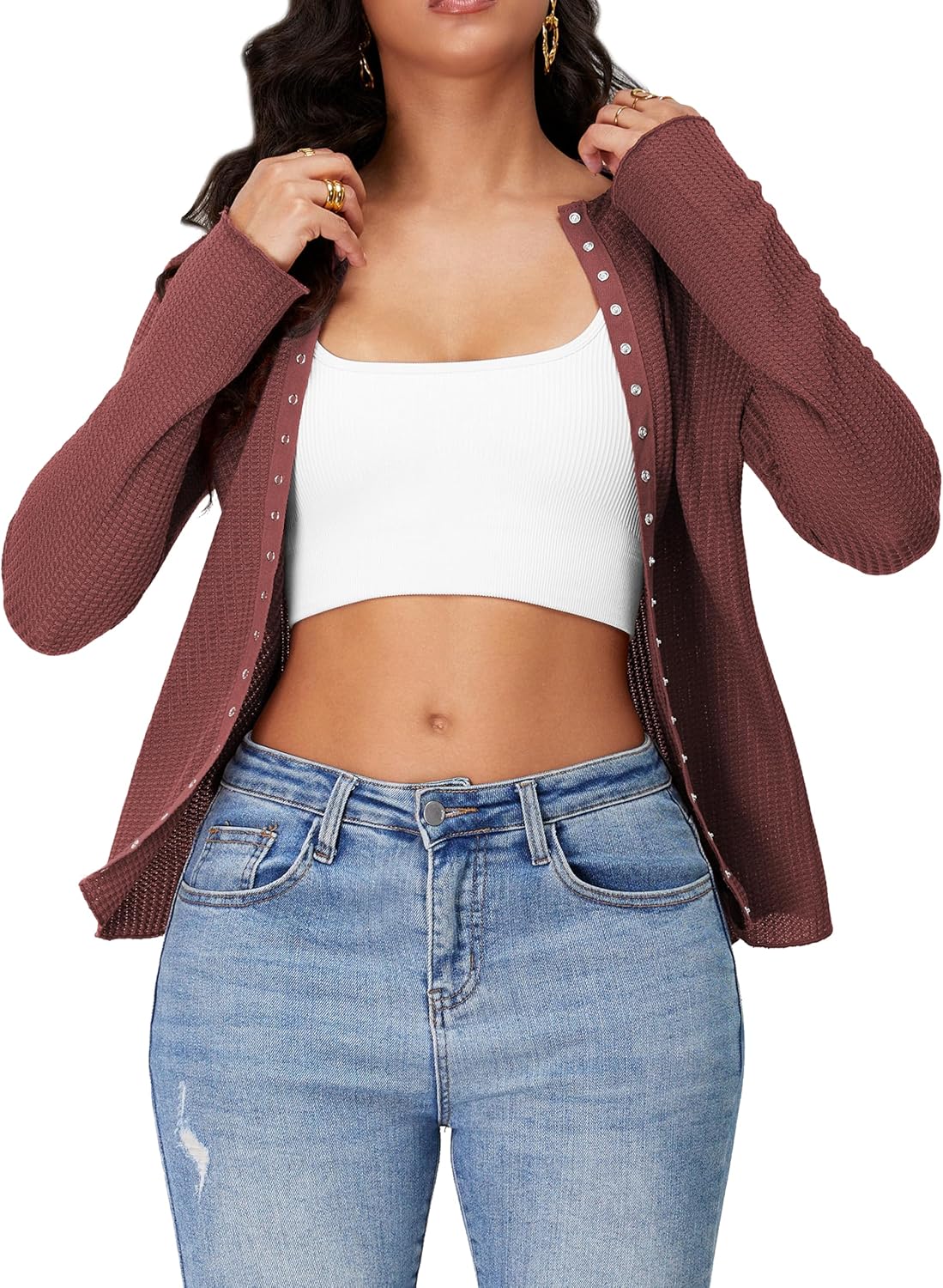 Albe Rita Waffle Cardigan Sweater Shirts for Women Lightweight Button Down Long Sleeve Crew Neck Knit Swater Tops - Image 2