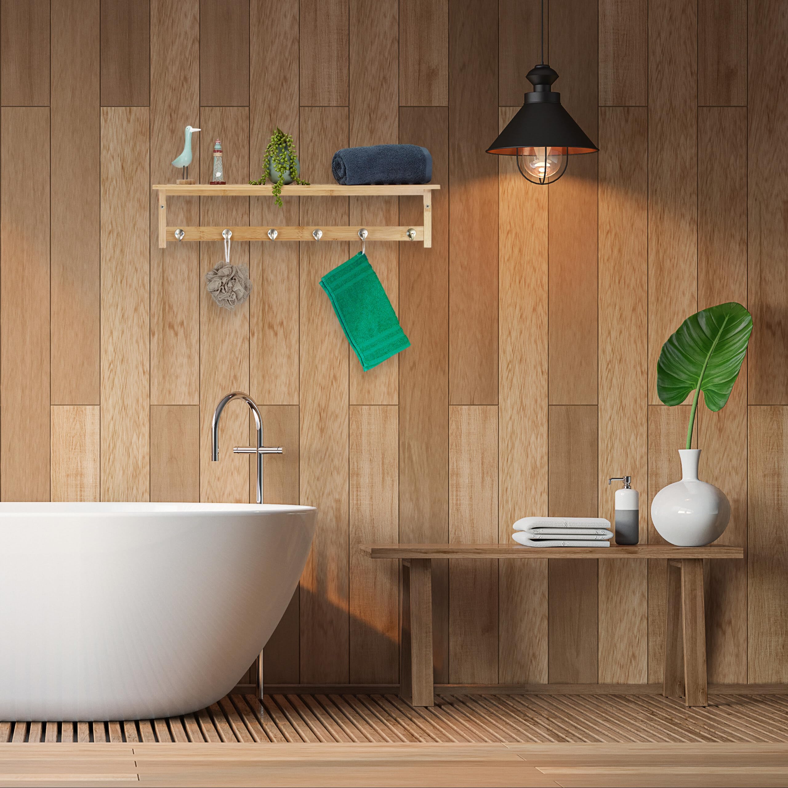 Relaxdays Perchero de Pared con Estante, 6 Ganchos, Baño y Pasillo, Estrecho, Bambú, 18 x 75 x 16 cm, Toallero, Natural