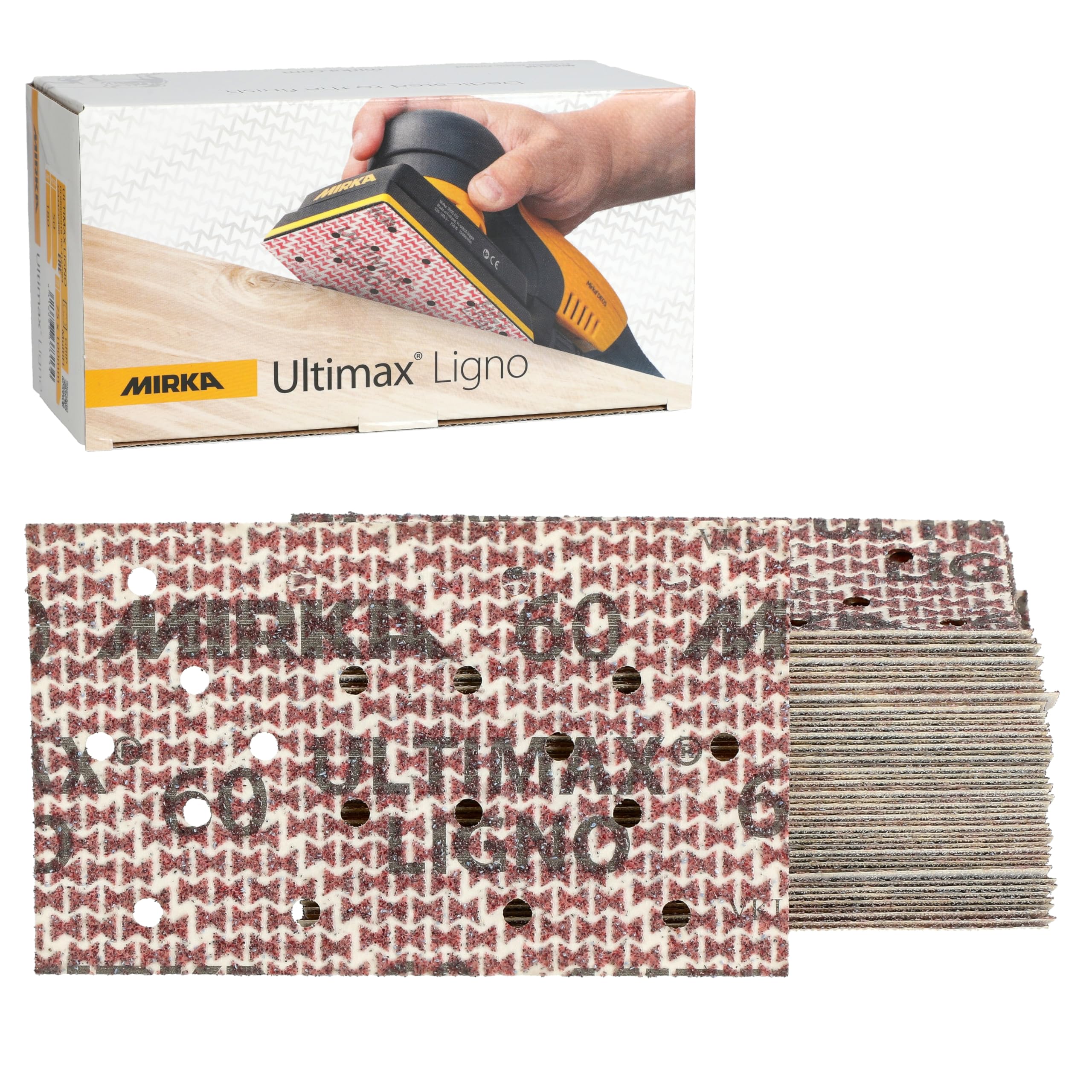 Mirka Ultimax Ligno sandpaper, 81 x 133 mm, grit P60, multifit perforation with hook-and-loop backing, for wood, pack of 50