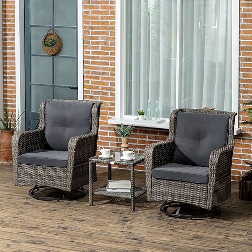 Miniatura 2 de Outsunny Juego de 3 piezas de bistró para patio, muebles de mimbre de ratán PE para exteriores con mecedoras giratorias de 360 y cojín suave, mesa