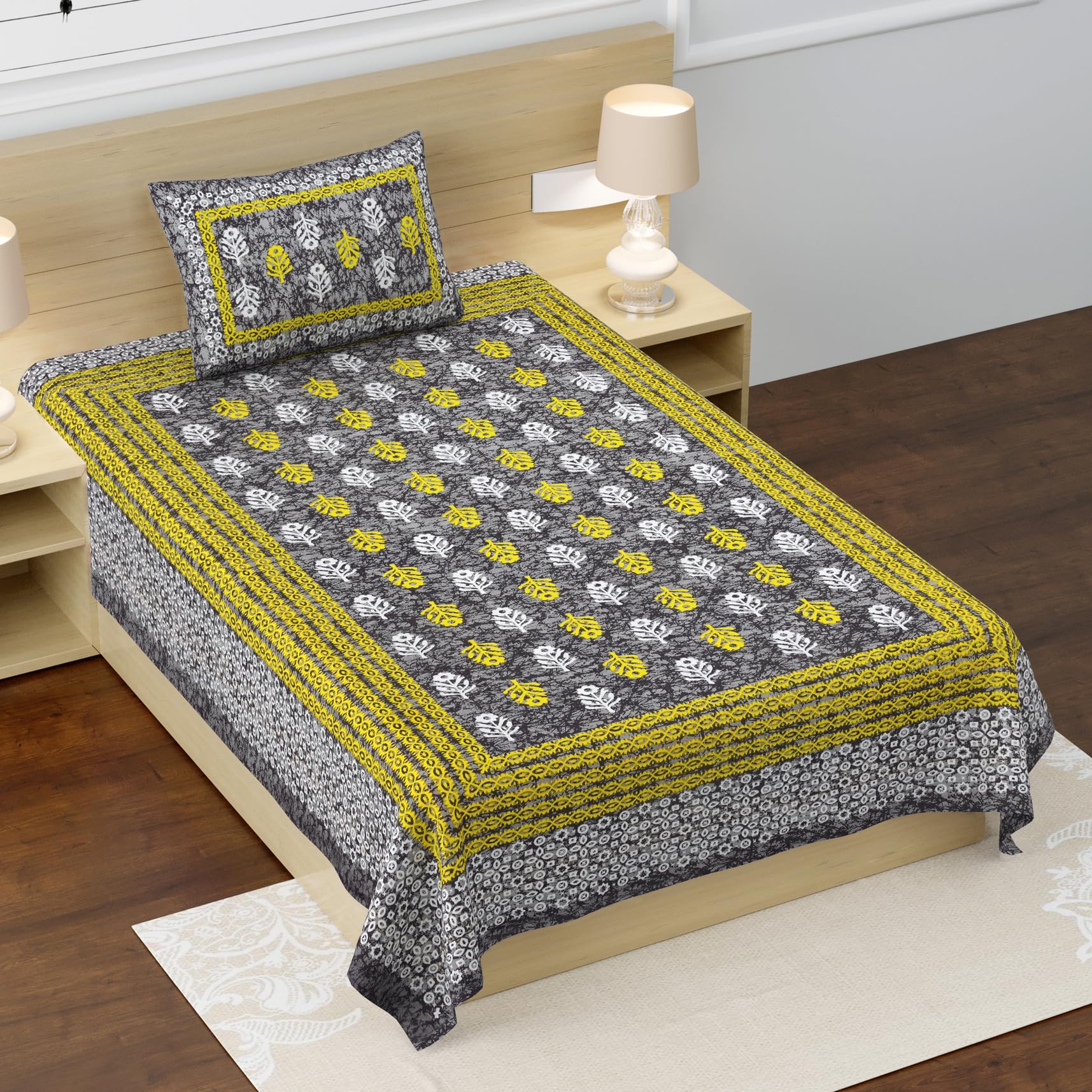 RajasthaniKart® Pure 100% Cotton Single Bed Sheet with 1 Pillow Cover (Bedsheet for Single Bed Cotton, Grey Small Booty)