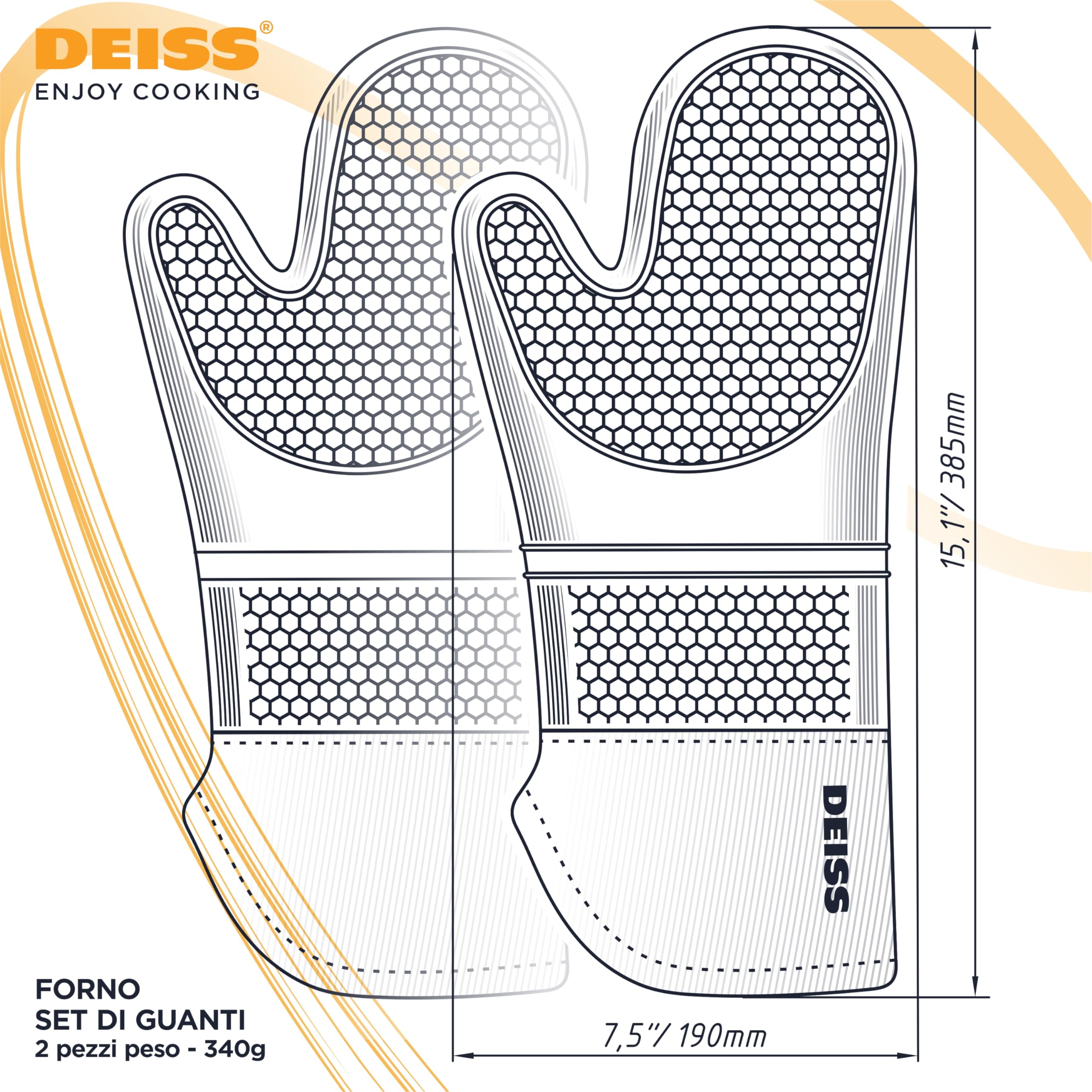 Deiss PRO Set di guanti da forno in silicone resistenti al calore e alle macchie, guanti da barbecue con fodera in cotone morbido, impermeabili, guanti da cucina flessibili extra lunghi