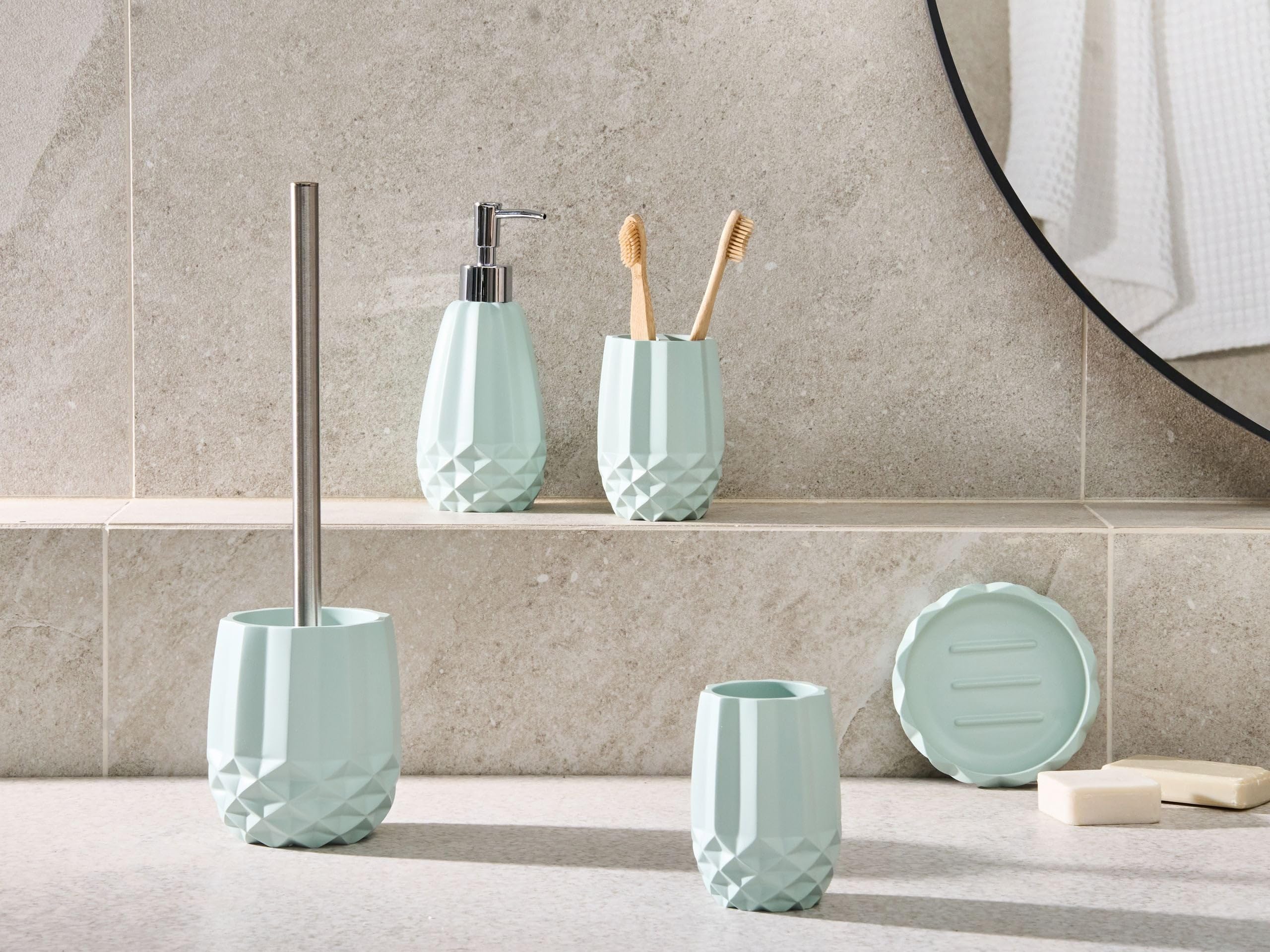 Conjunto de 5 Accesorios de baño jabonera dispensador de jabón escobilla de Inodoro Vaso Soporte para cepillos de Dientes Verde Menta Samiria