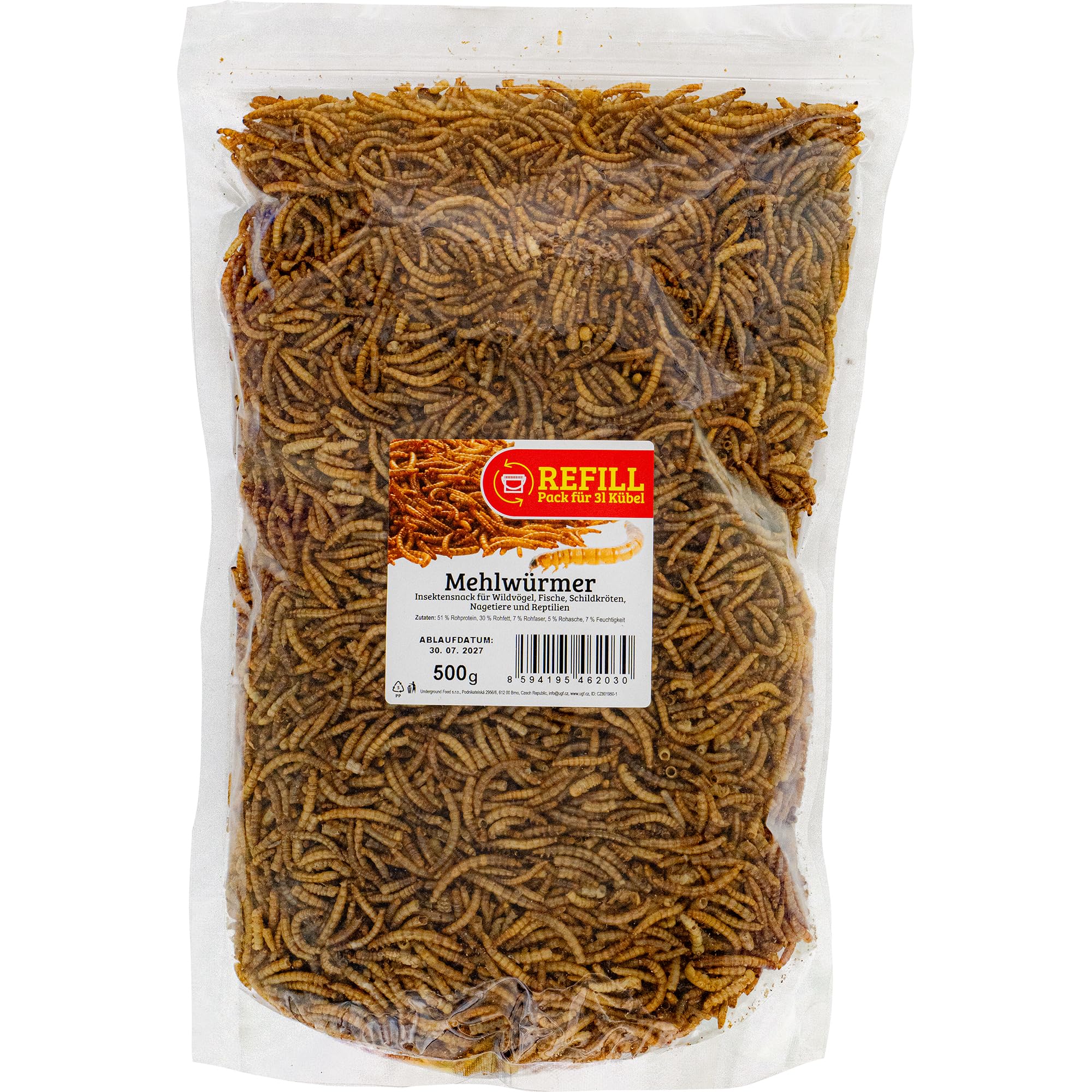 UGF - Premium Mehlwürmer getrocknet 500g, Vogelfutter Wildvögel Ganzjährig, Igelfutter, Eichhörnchen Futter, Hamster Futter