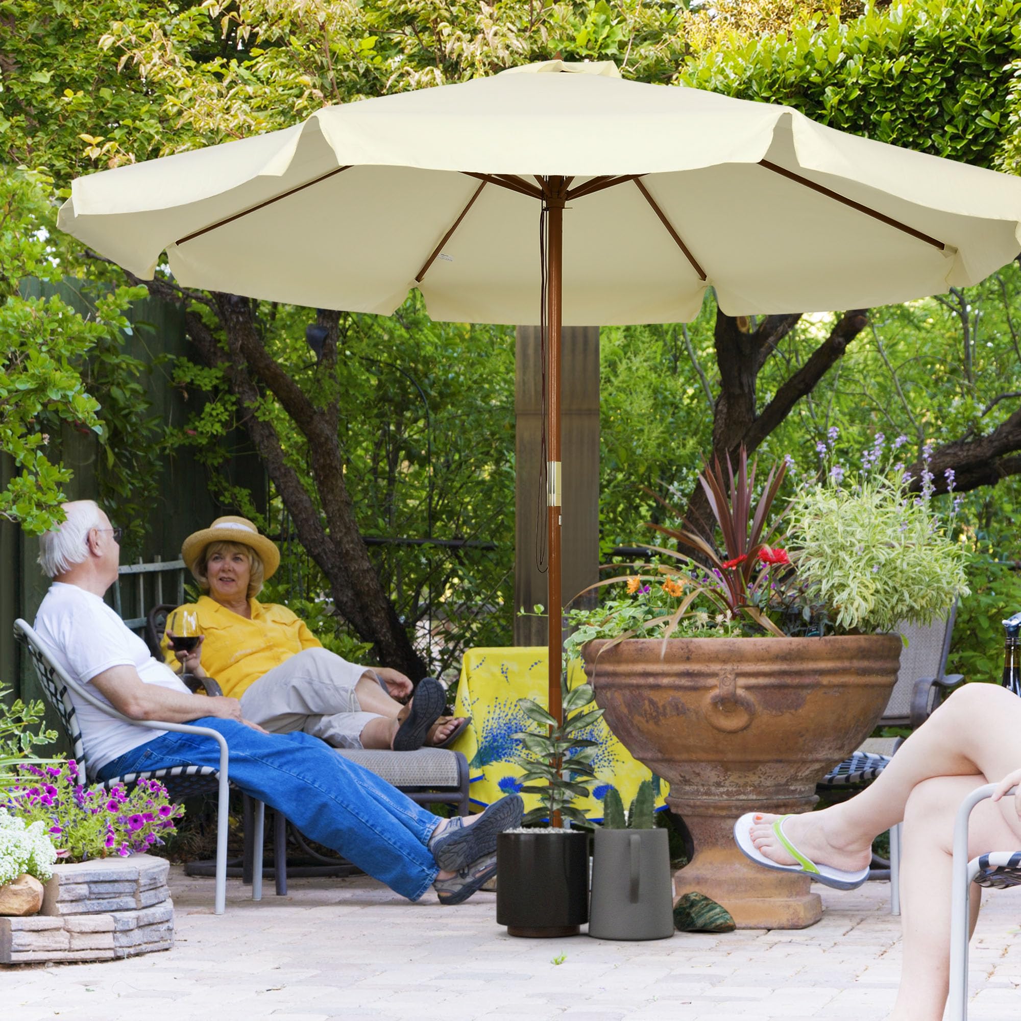 Outsunny Ombrellone da Giardino Ø3.25m con Corde, Apertura Regolabile e Prese d'Aria, Ombrellone da Esterno con 8 Stecche in Legno, Bambù e Poliestere 180g/㎡, per Cortile, Terrazza e Balcone